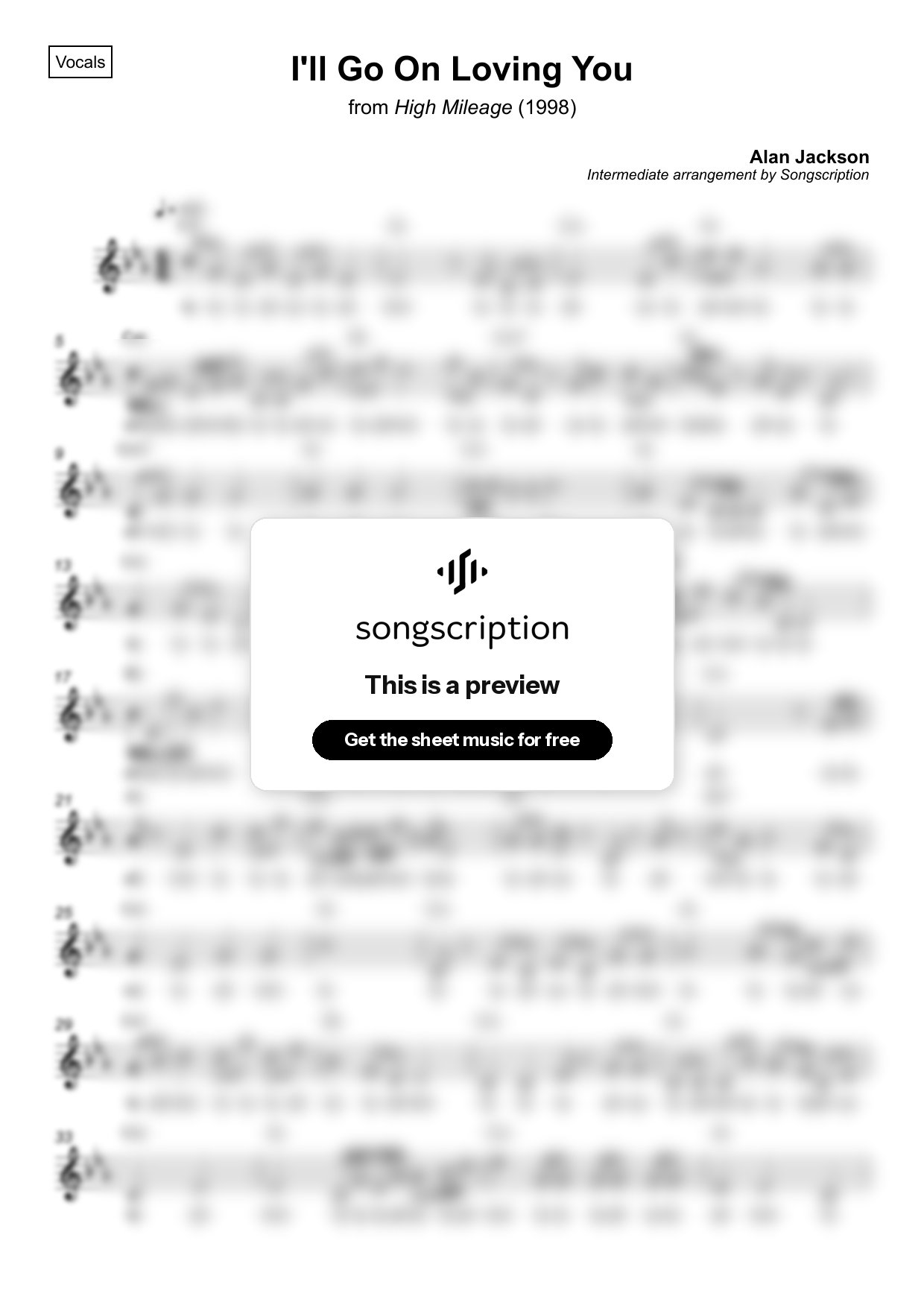 Intermediate Vocals Sheet Music for "I'll Go On Loving You" by Alan Jackson