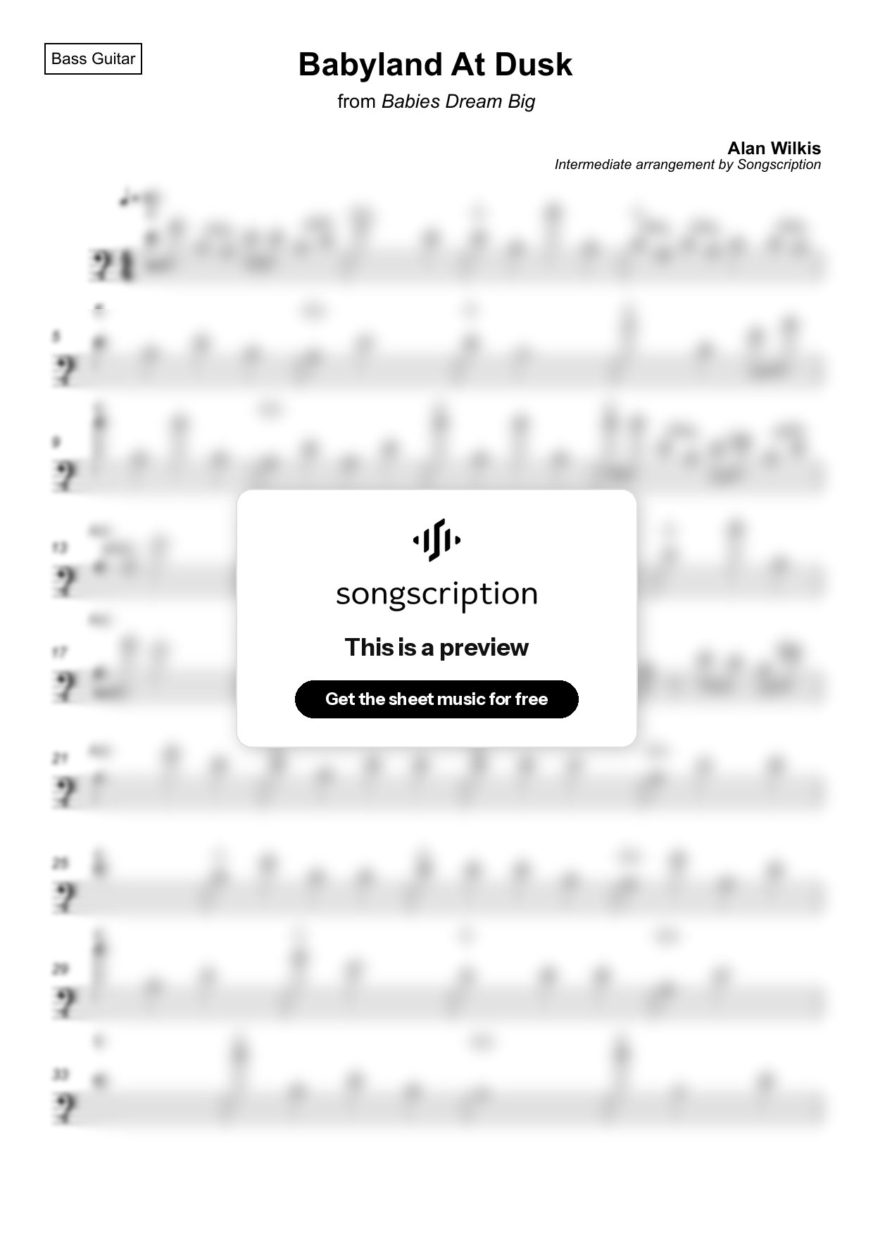 Intermediate Bass Guitar Sheet Music for "Babyland At Dusk" by Alan Wilkis