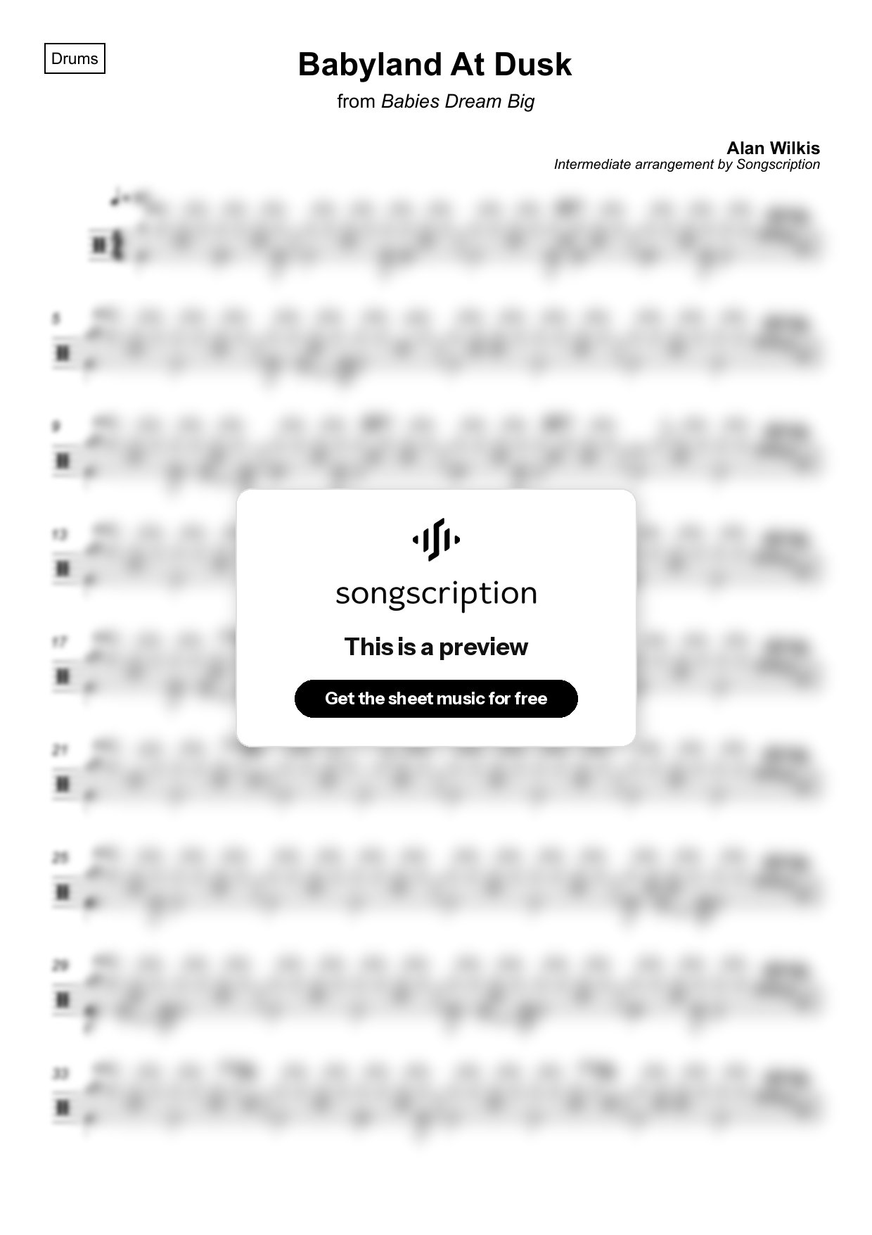 Intermediate Drums Sheet Music for "Babyland At Dusk" by Alan Wilkis