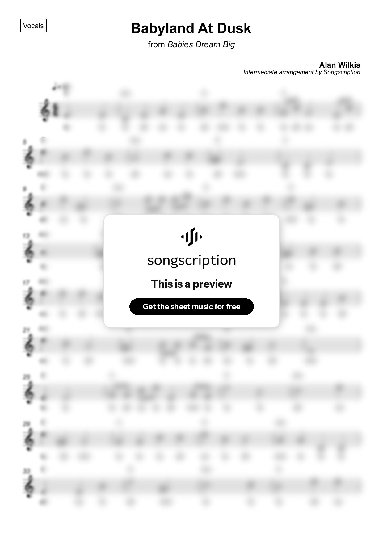 Intermediate Vocals Sheet Music for "Babyland At Dusk" by Alan Wilkis