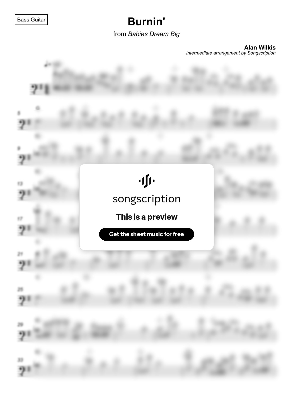 Intermediate Bass Guitar Sheet Music for "Burnin'" by Alan Wilkis