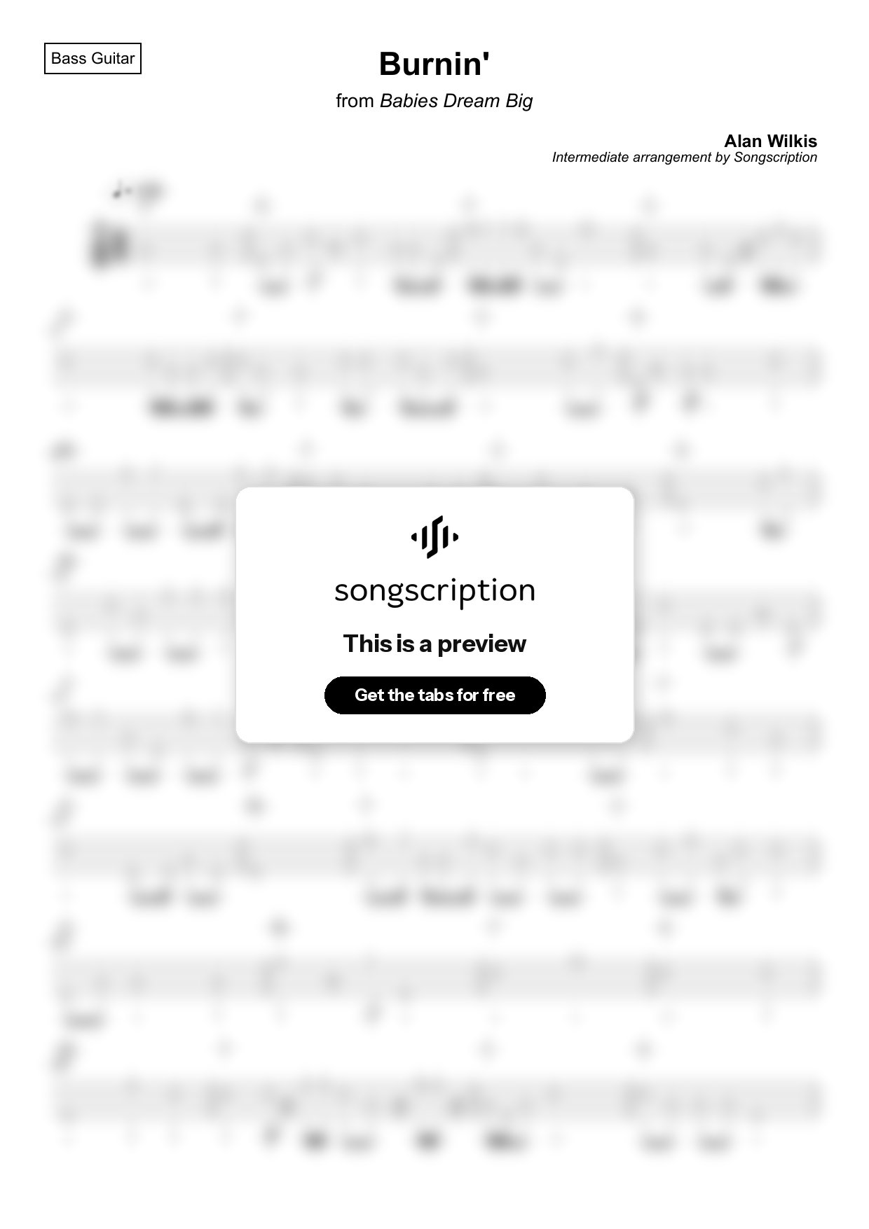 Intermediate Bass Guitar Tabs for "Burnin'" by Alan Wilkis