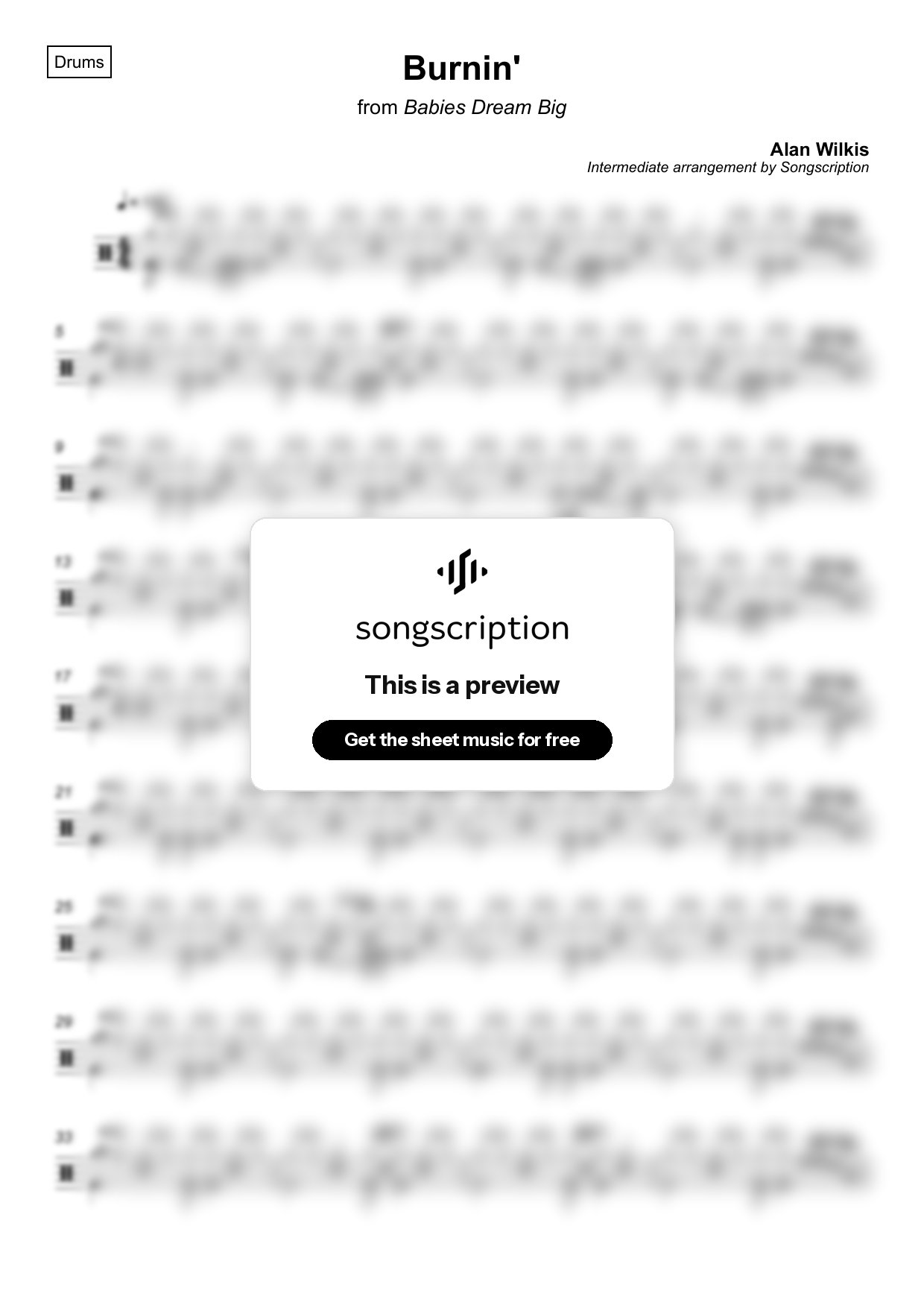 Intermediate Drums Sheet Music for "Burnin'" by Alan Wilkis