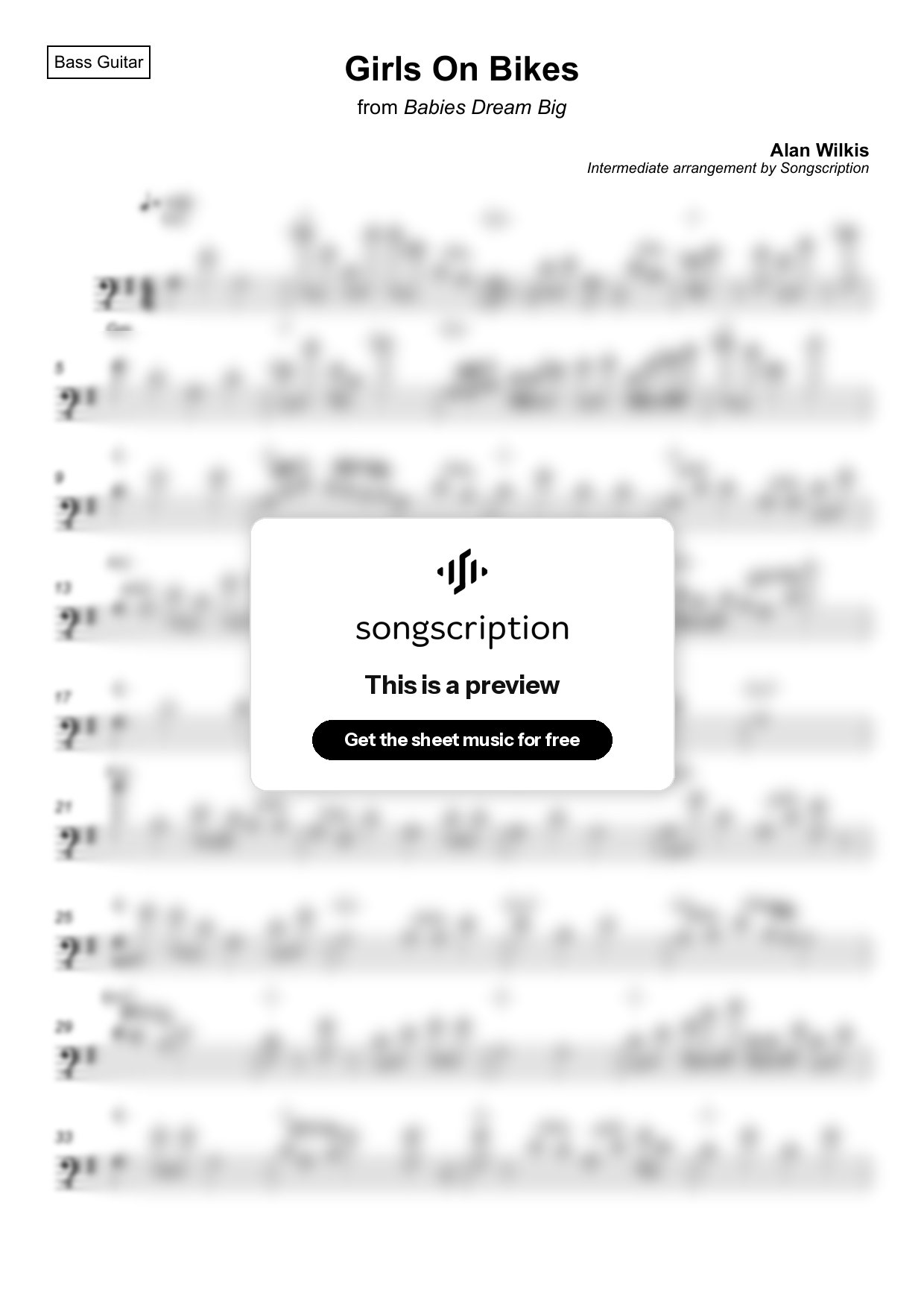 Intermediate Bass Guitar Sheet Music for "Girls On Bikes" by Alan Wilkis