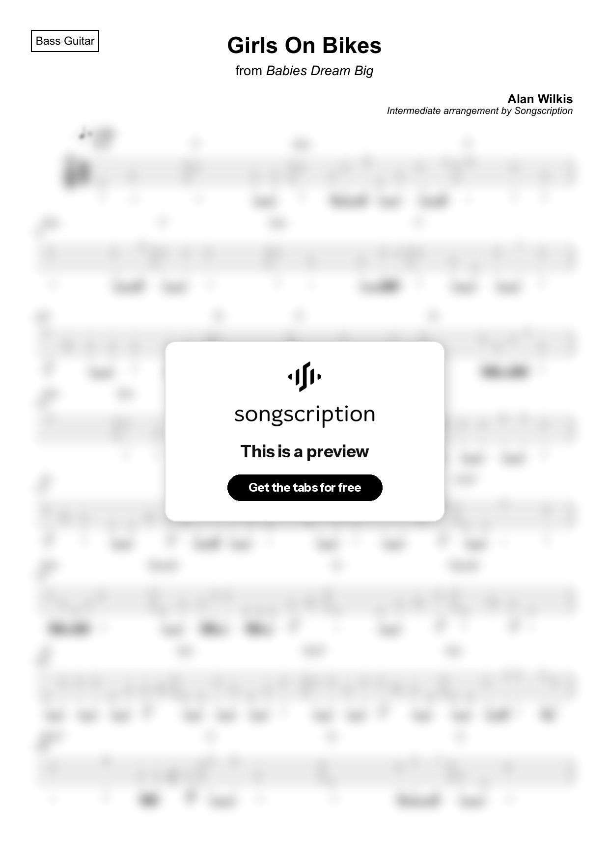 Intermediate Bass Guitar Tabs for "Girls On Bikes" by Alan Wilkis