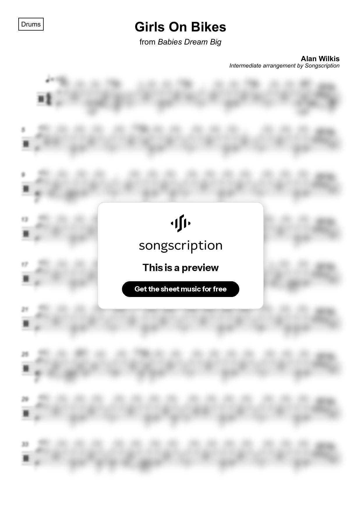 Intermediate Drums Sheet Music for "Girls On Bikes" by Alan Wilkis