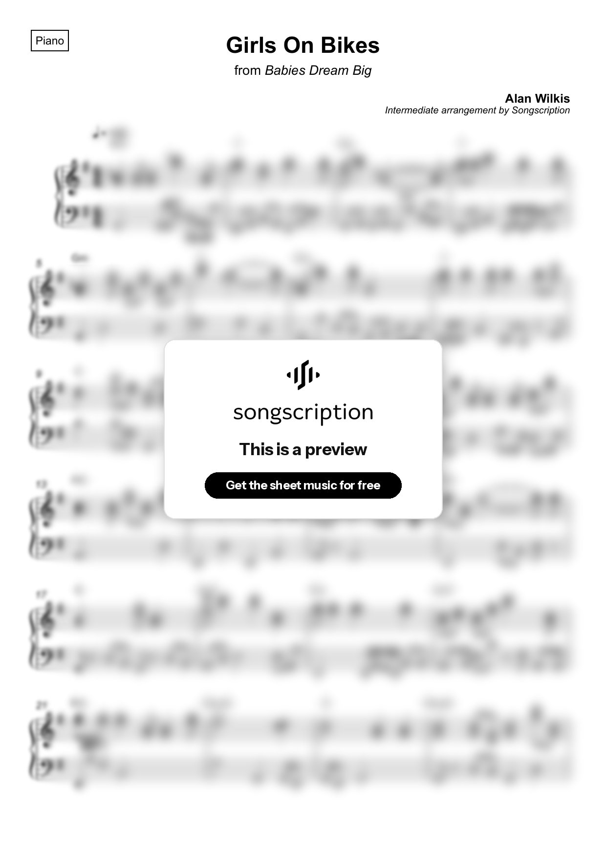 Intermediate Piano Sheet Music for "Girls On Bikes" by Alan Wilkis