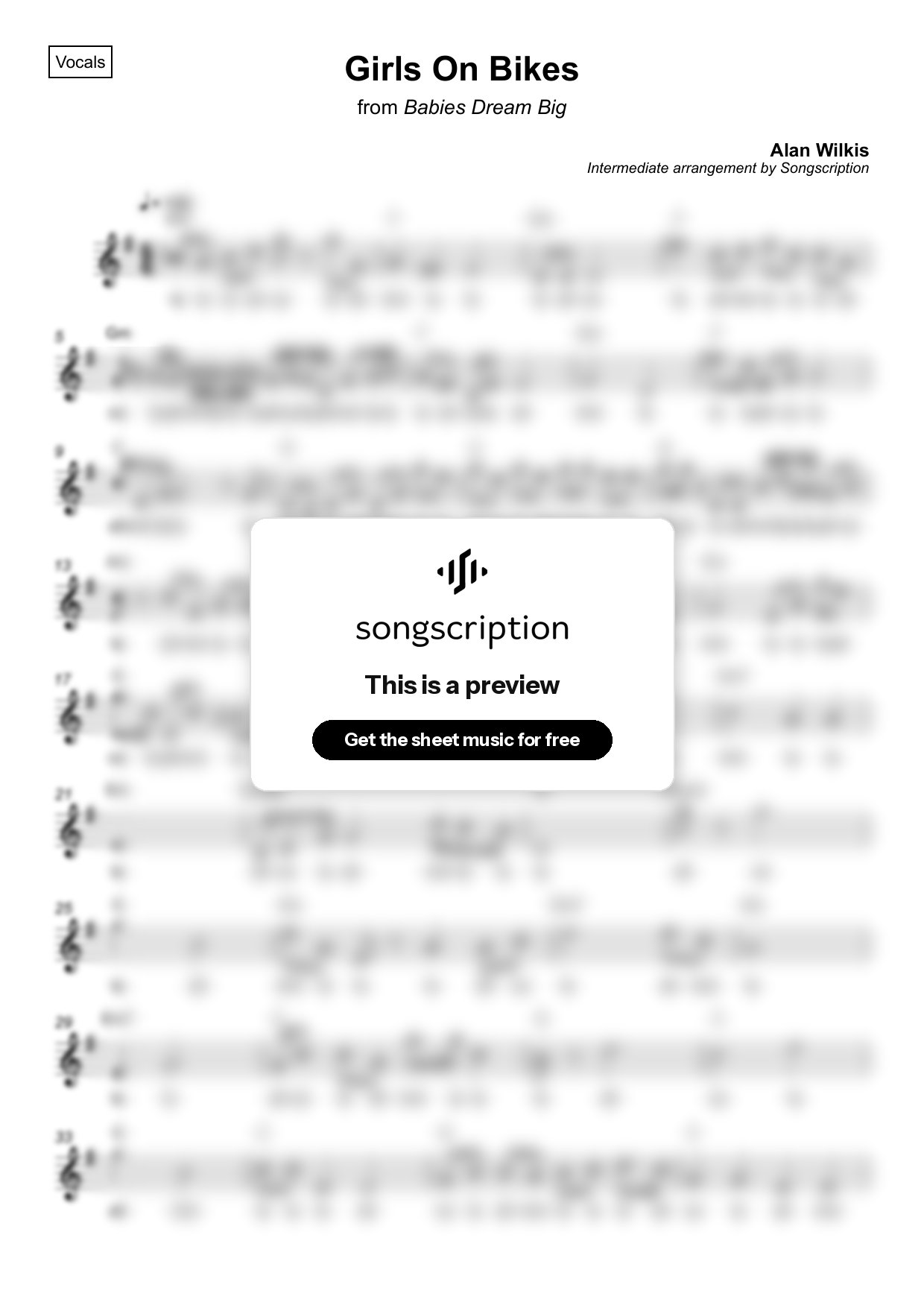 Intermediate Vocals Sheet Music for "Girls On Bikes" by Alan Wilkis