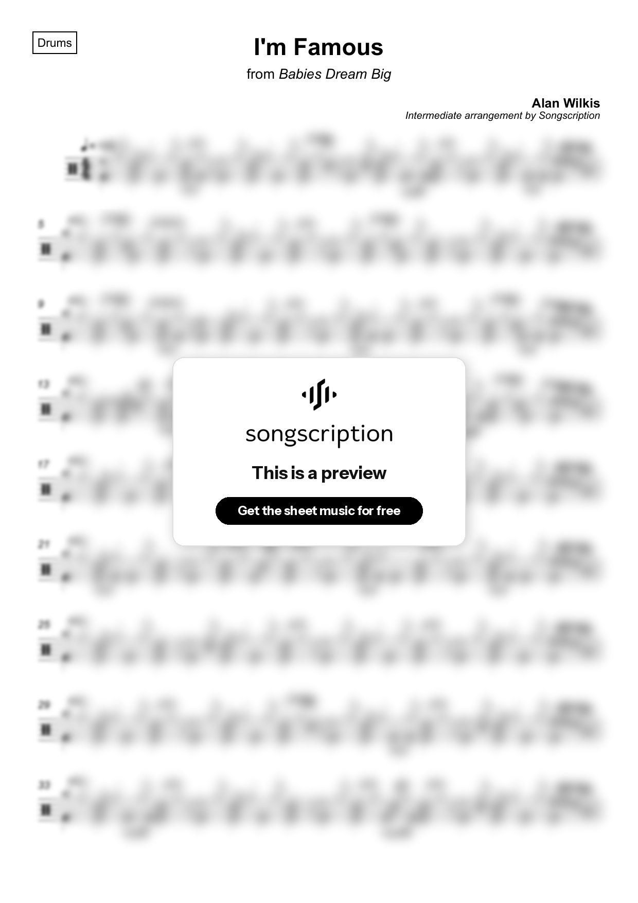 Intermediate Drums Sheet Music for "I'm Famous" by Alan Wilkis