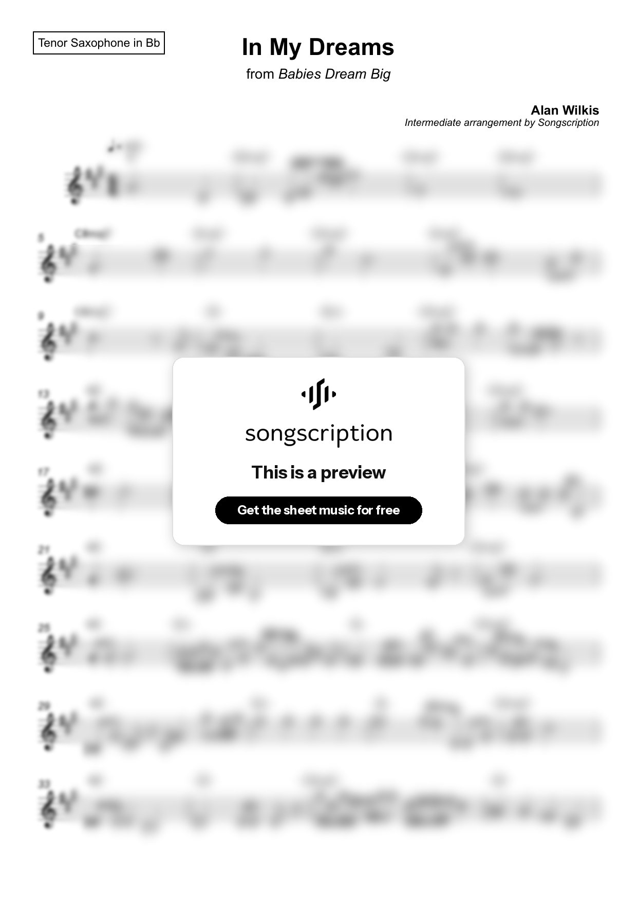 Intermediate Tenor Sax Sheet Music for "In My Dreams" by Alan Wilkis