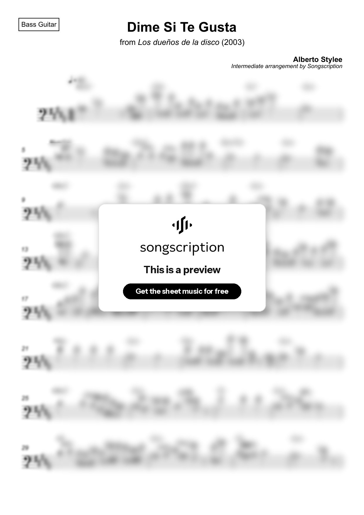 Intermediate Bass Guitar Sheet Music for "Dime Si Te Gusta" by Alberto Stylee
