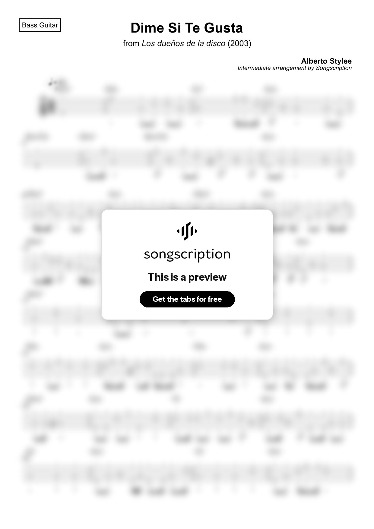 Intermediate Bass Guitar Tabs for "Dime Si Te Gusta" by Alberto Stylee