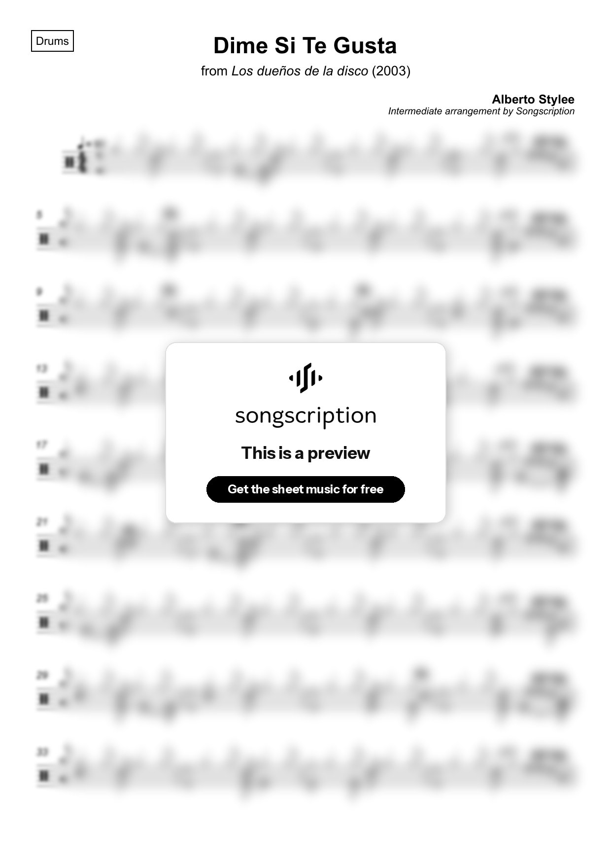 Intermediate Drums Sheet Music for "Dime Si Te Gusta" by Alberto Stylee
