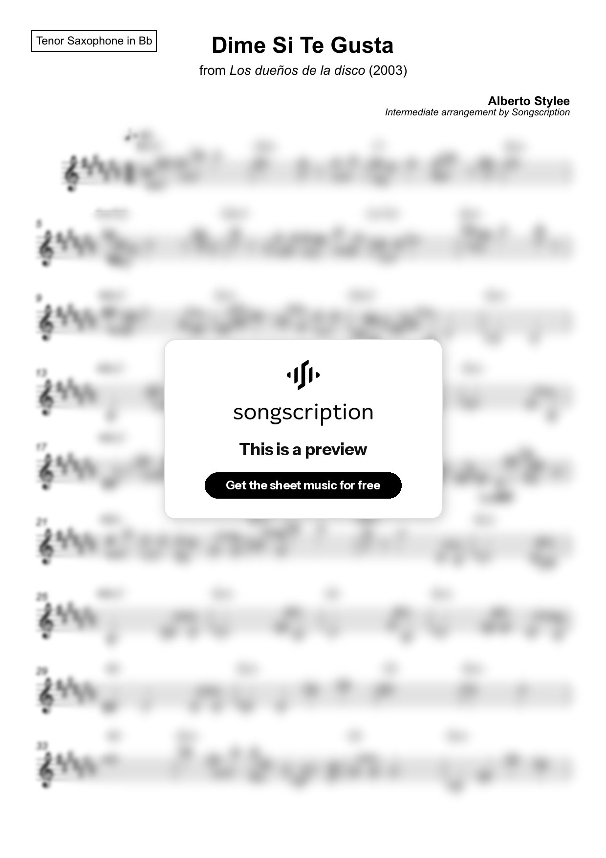 Intermediate Tenor Sax Sheet Music for "Dime Si Te Gusta" by Alberto Stylee
