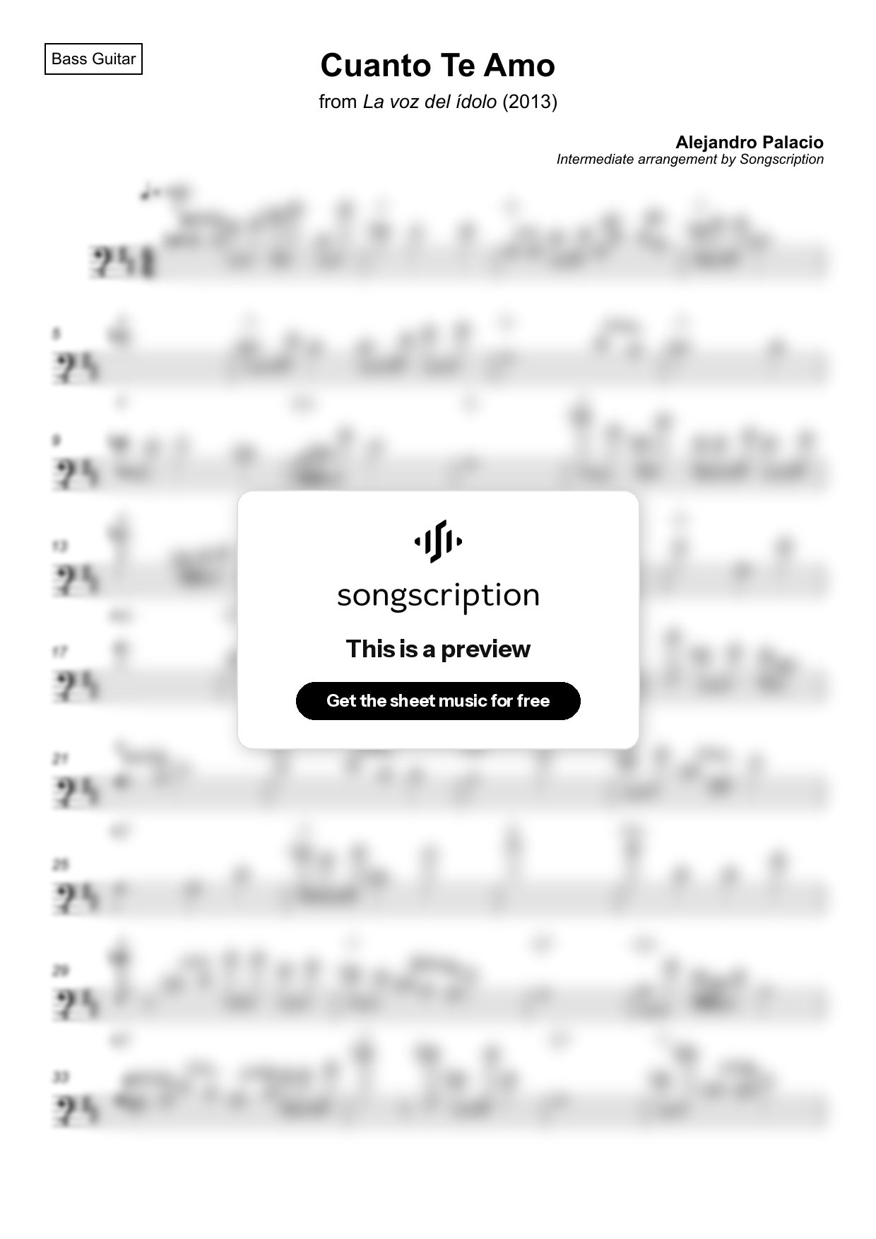Intermediate Bass Guitar Sheet Music for "Cuanto Te Amo" by Alejandro Palacio