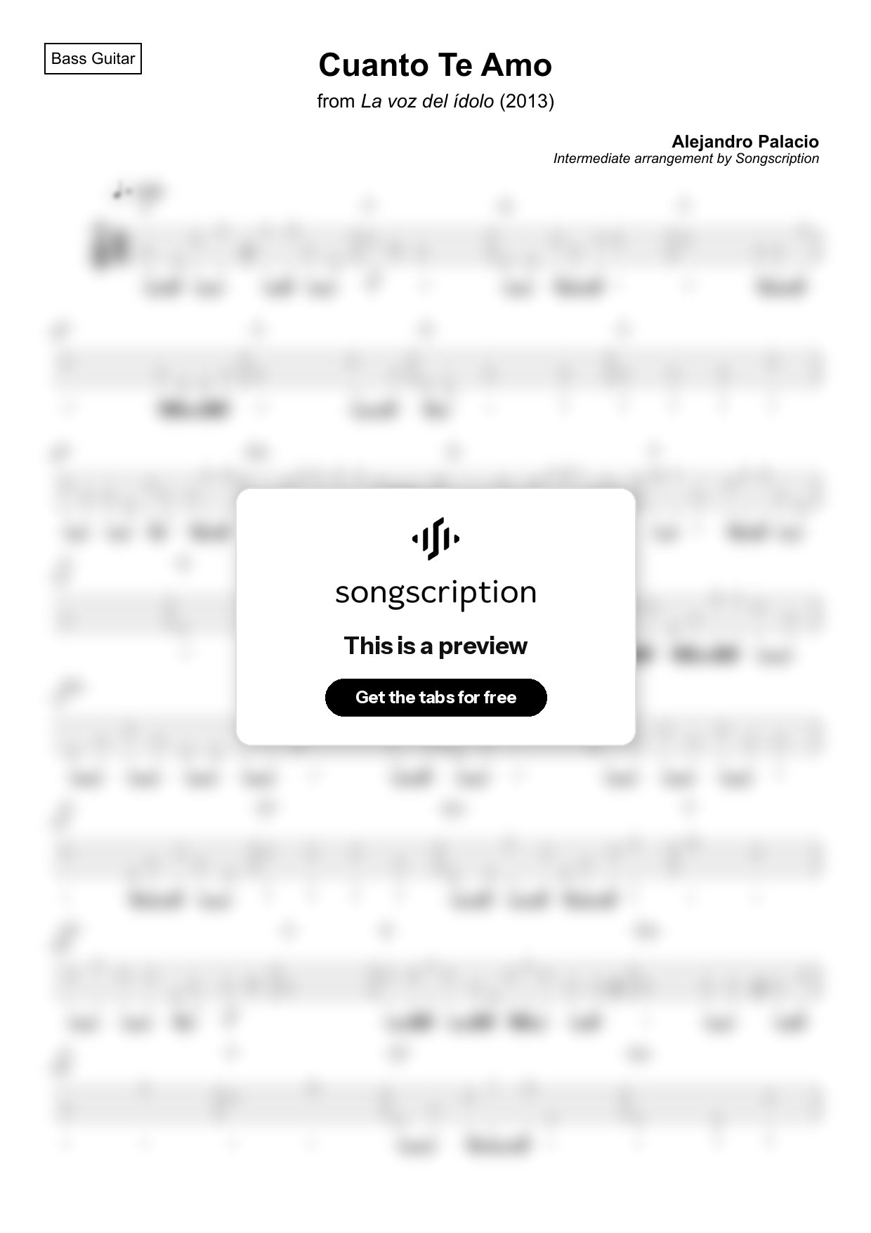 Intermediate Bass Guitar Tabs for "Cuanto Te Amo" by Alejandro Palacio