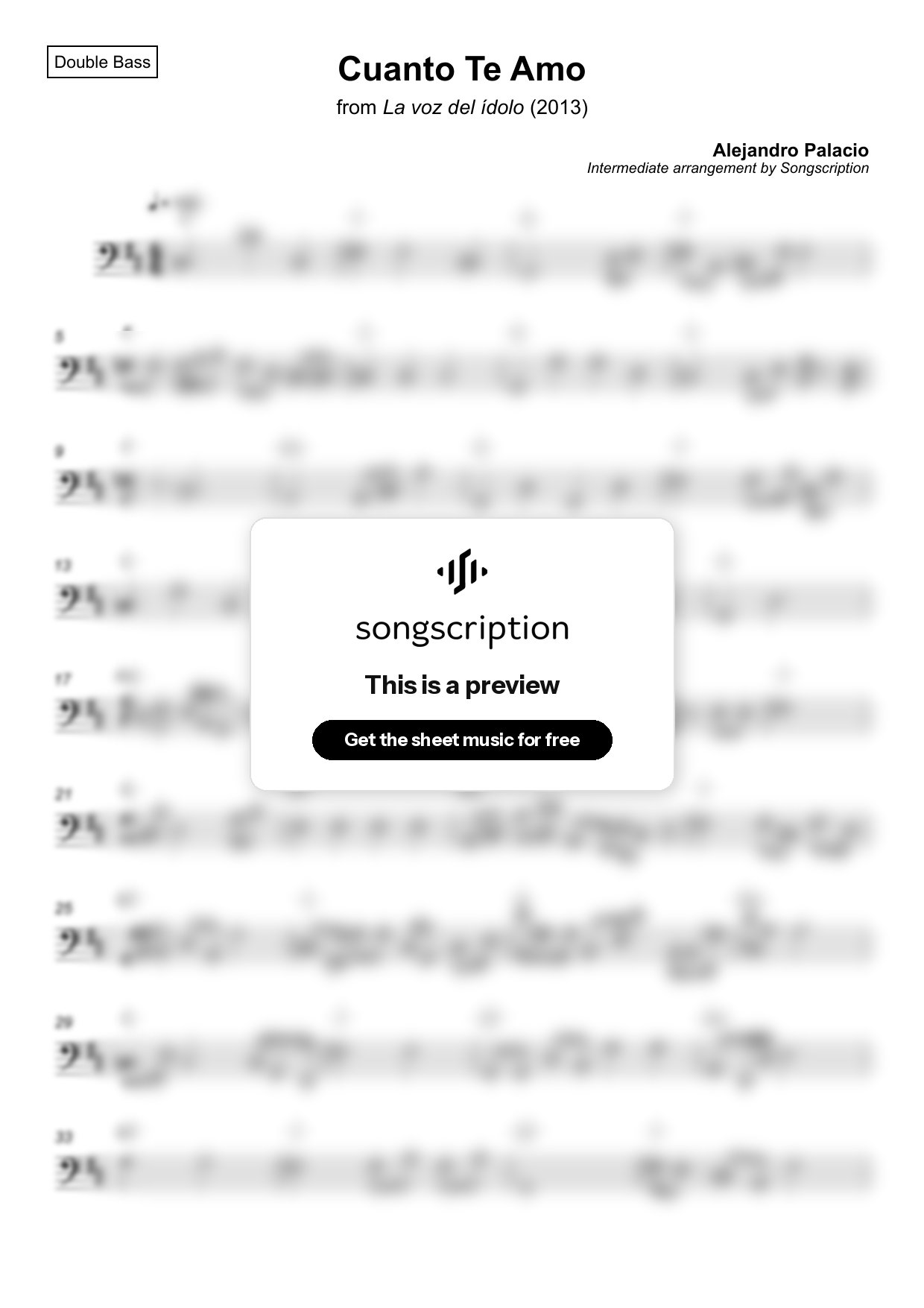 Intermediate Double Bass Sheet Music for "Cuanto Te Amo" by Alejandro Palacio