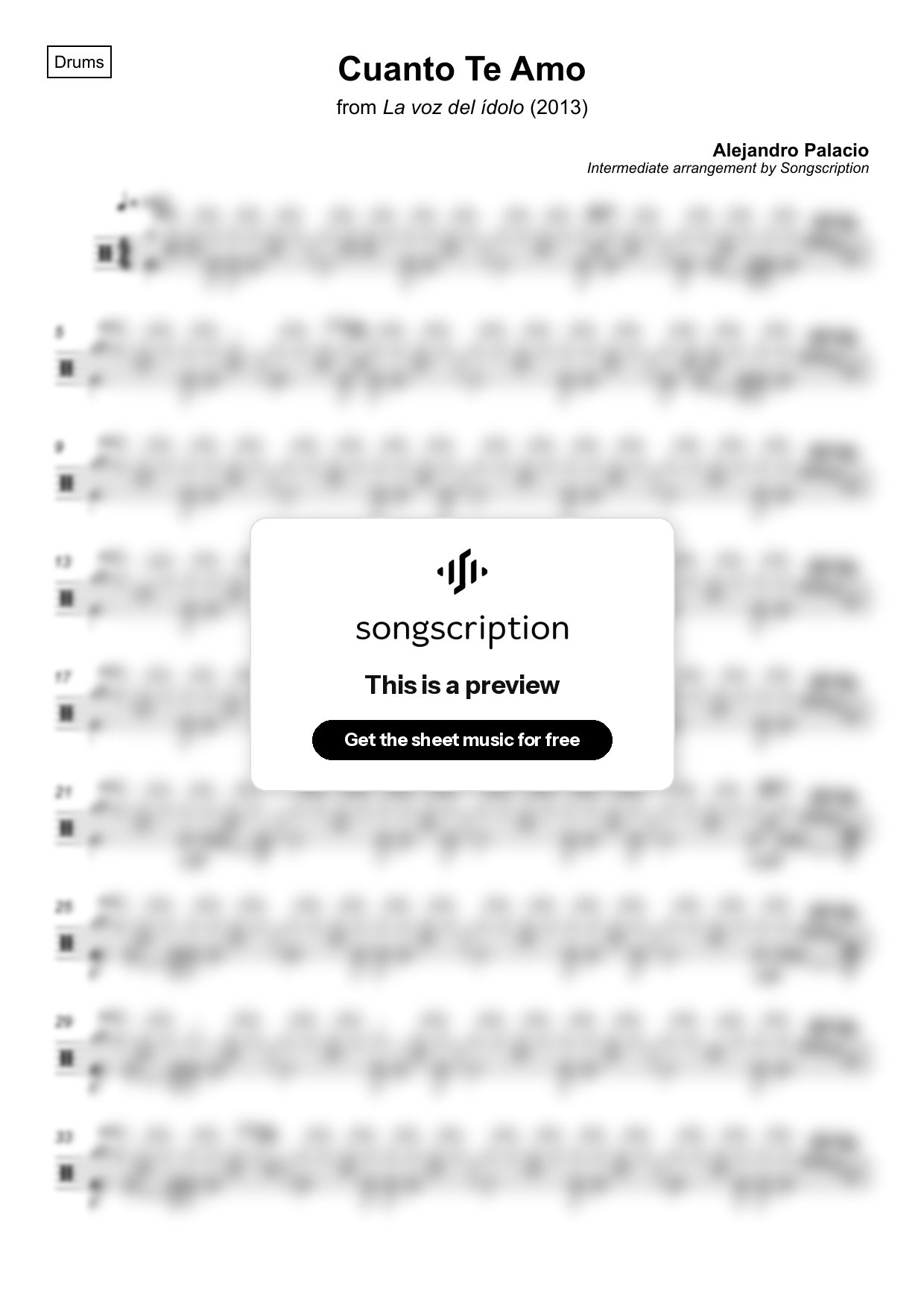 Intermediate Drums Sheet Music for "Cuanto Te Amo" by Alejandro Palacio