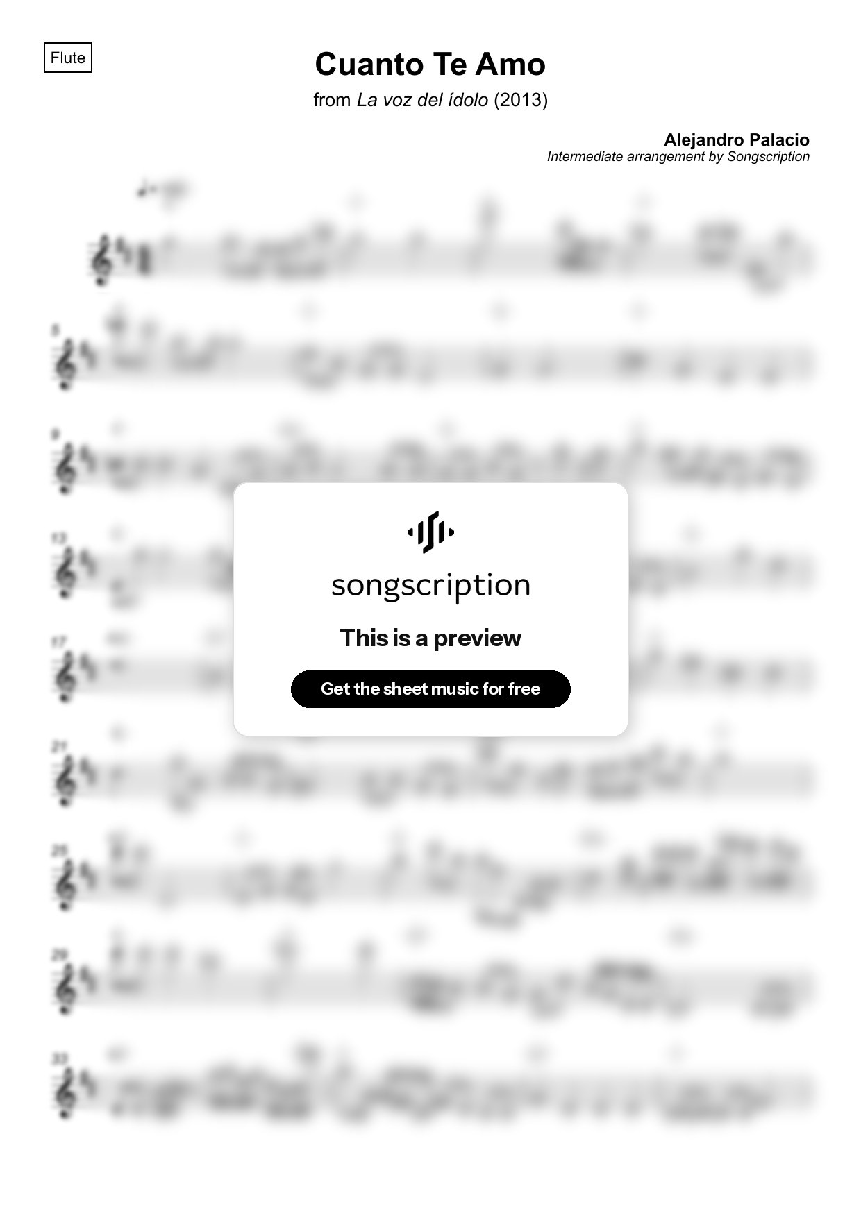 Intermediate Flute Sheet Music for "Cuanto Te Amo" by Alejandro Palacio