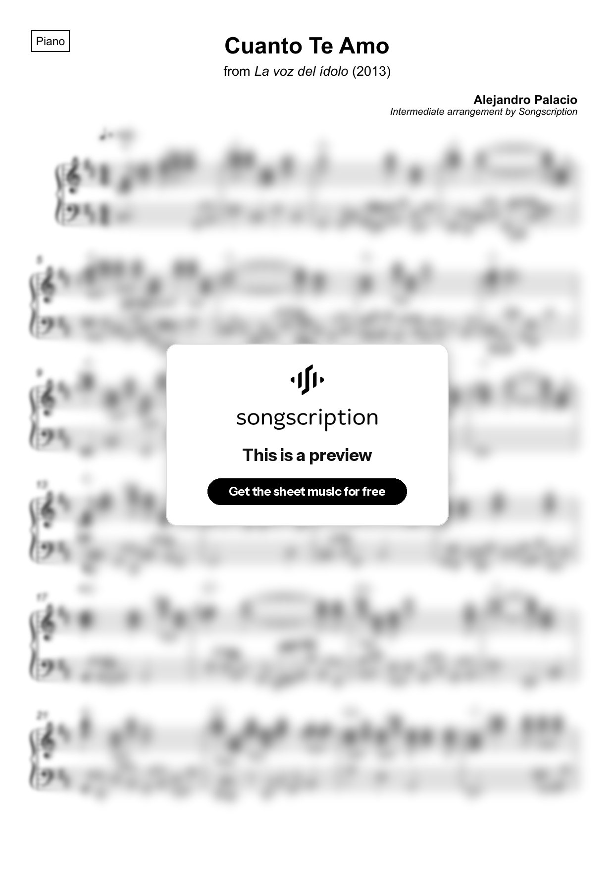 Intermediate Piano Sheet Music for "Cuanto Te Amo" by Alejandro Palacio
