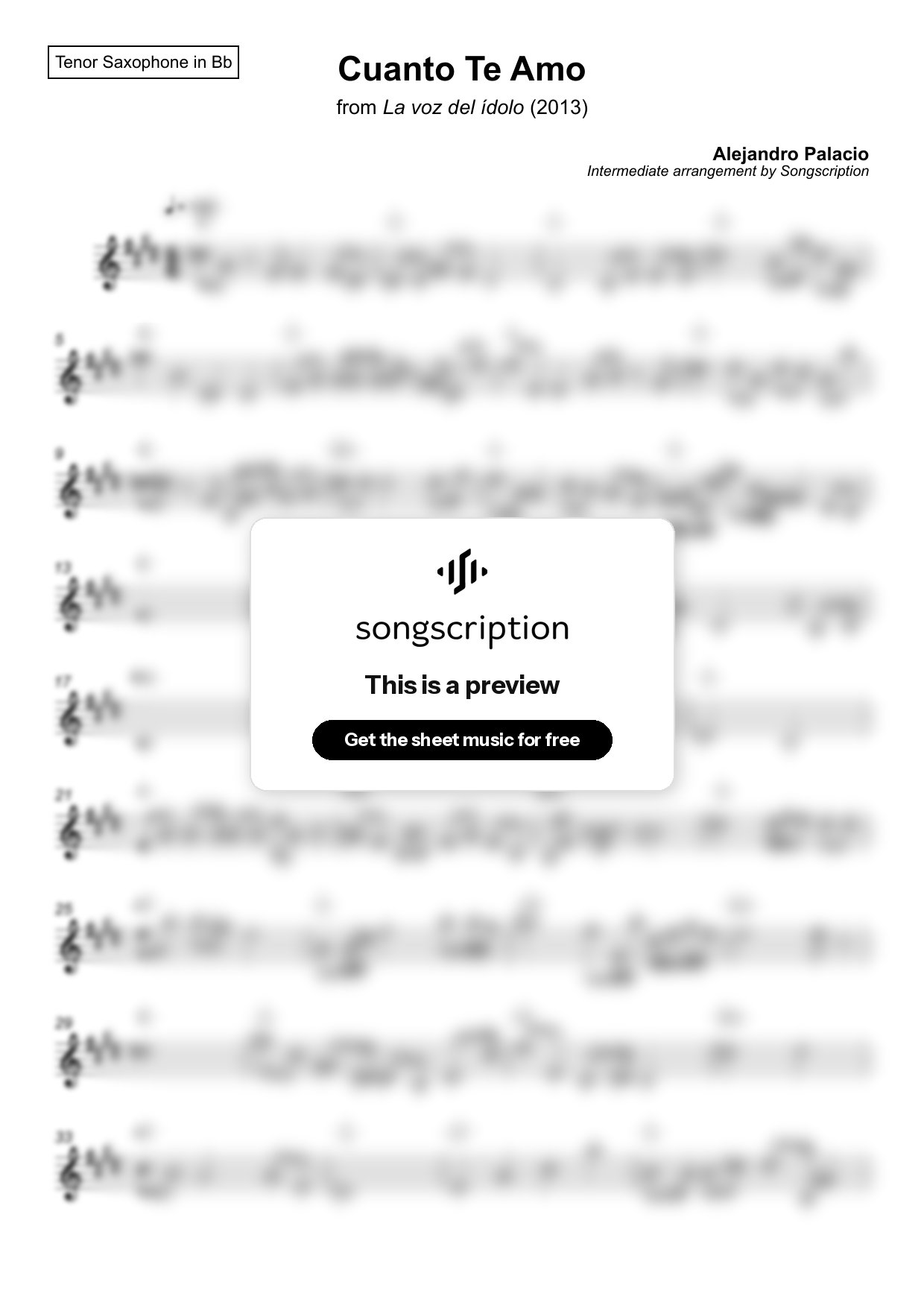 Intermediate Tenor Sax Sheet Music for "Cuanto Te Amo" by Alejandro Palacio