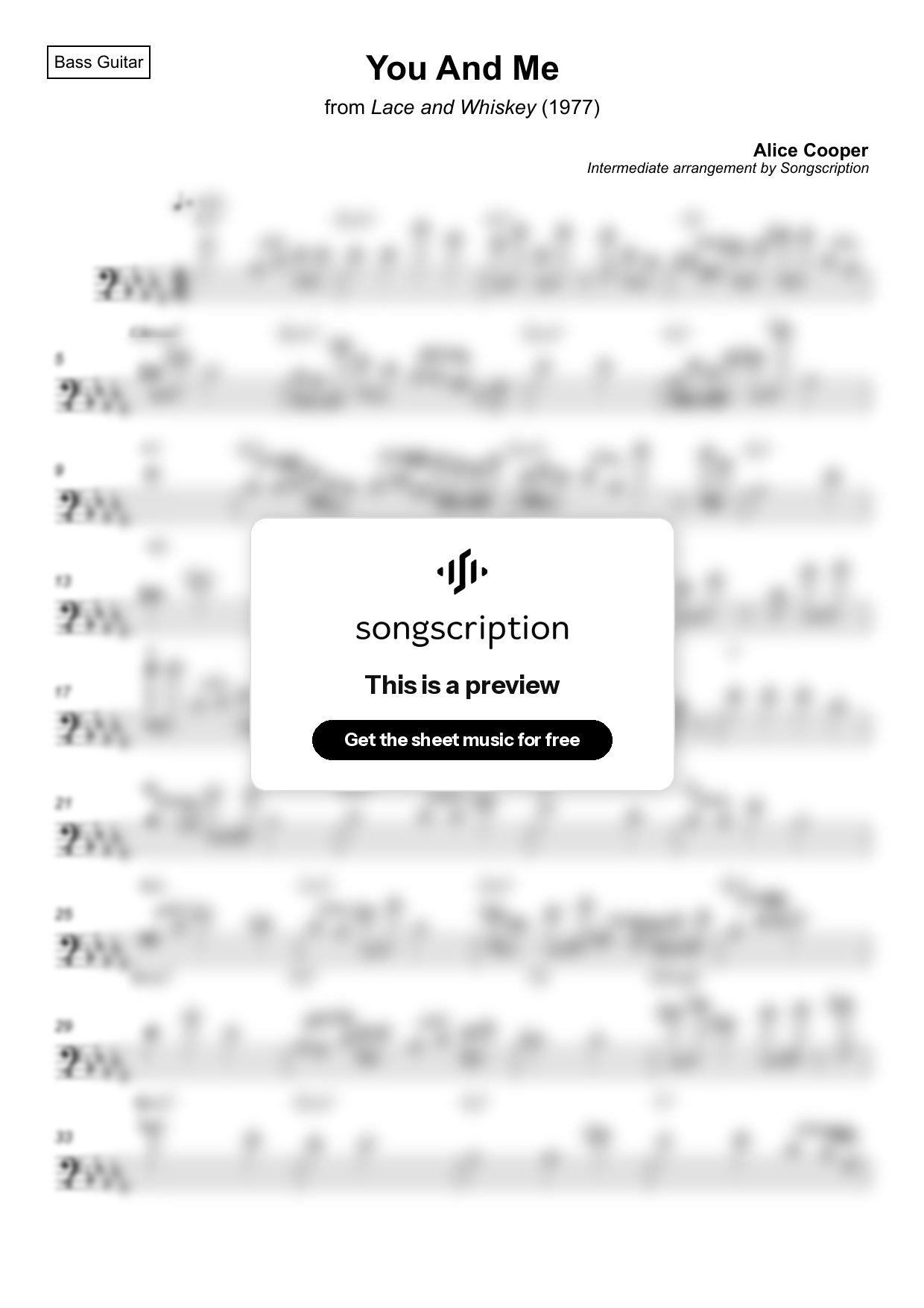 Intermediate Bass Guitar Sheet Music for "You And Me" by Alice Cooper
