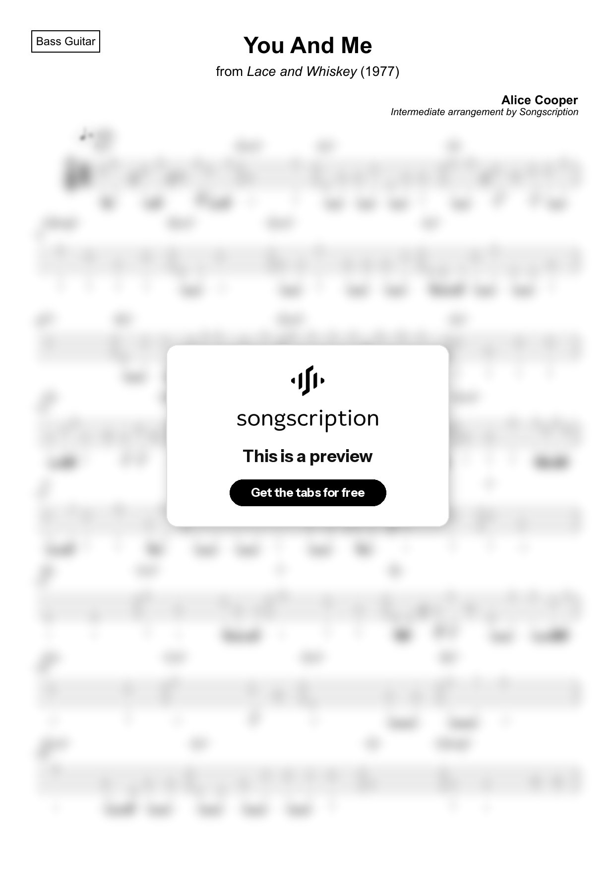 Intermediate Bass Guitar Tabs for "You And Me" by Alice Cooper