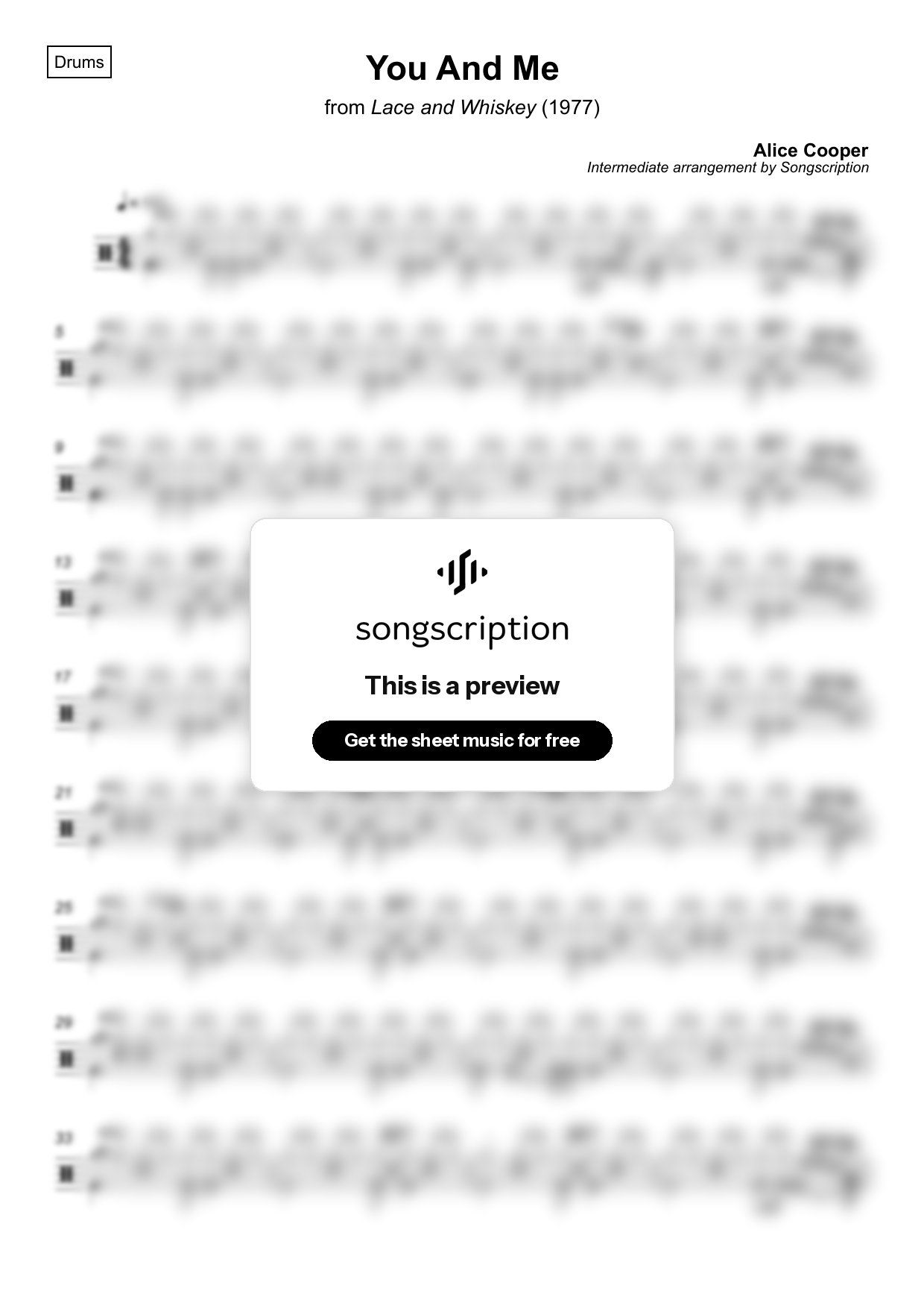 Intermediate Drums Sheet Music for "You And Me" by Alice Cooper