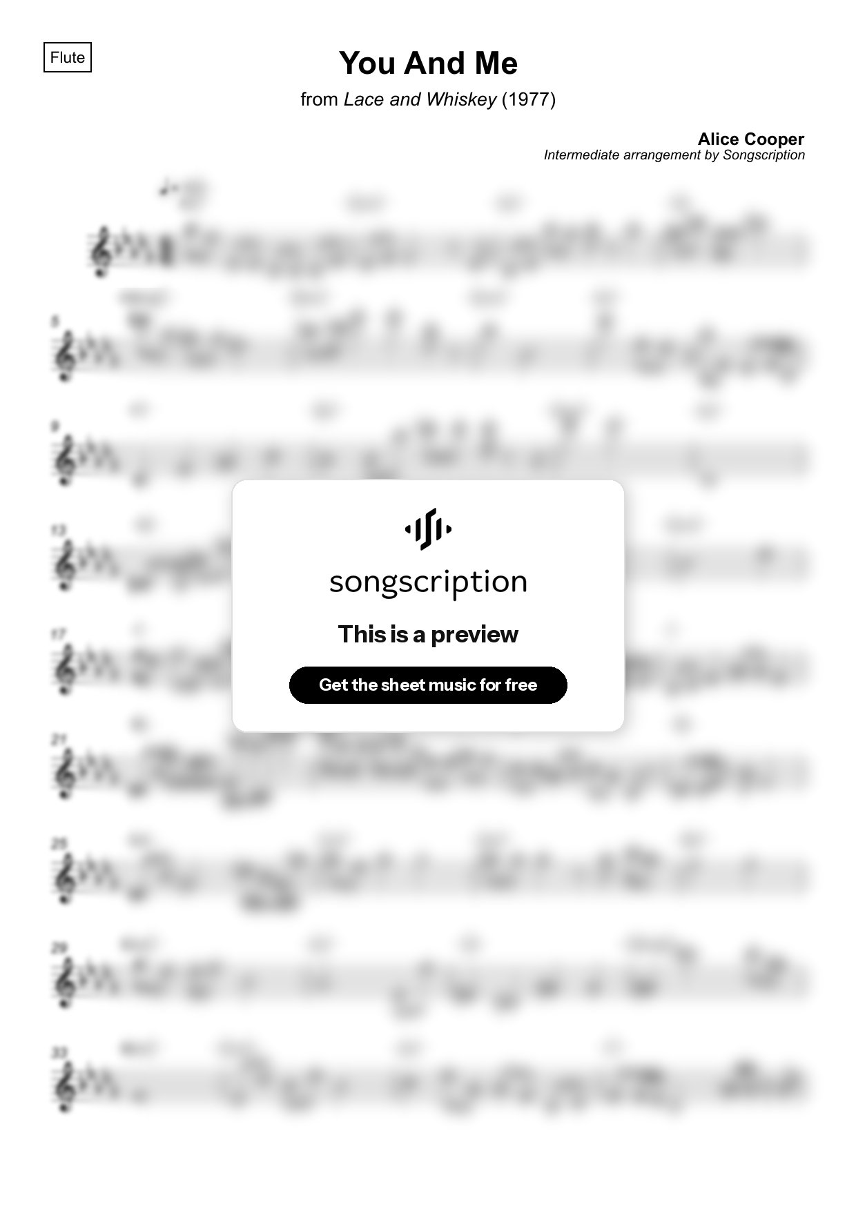 Intermediate Flute Sheet Music for "You And Me" by Alice Cooper