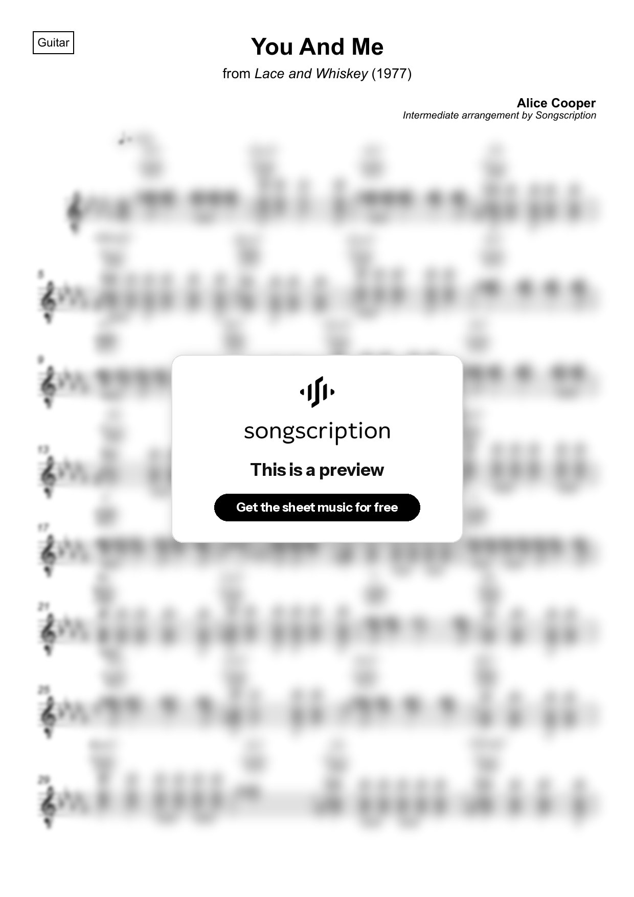 Intermediate Acoustic Guitar Sheet Music for "You And Me" by Alice Cooper
