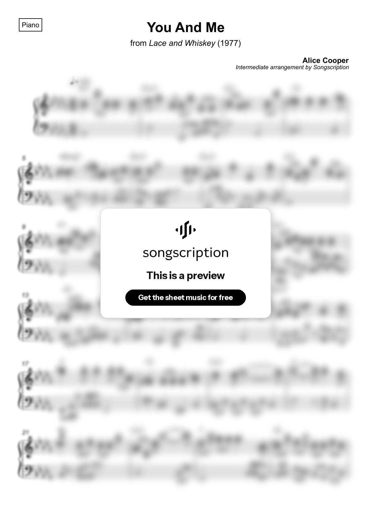 Intermediate Piano Sheet Music for "You And Me" by Alice Cooper