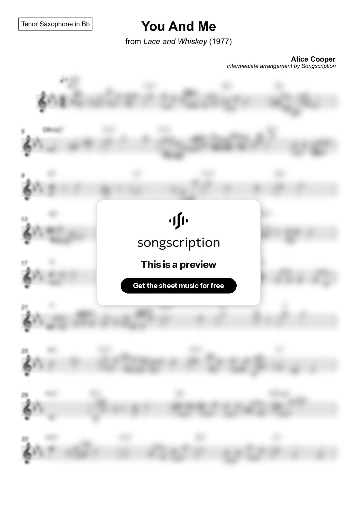 Intermediate Tenor Sax Sheet Music for "You And Me" by Alice Cooper