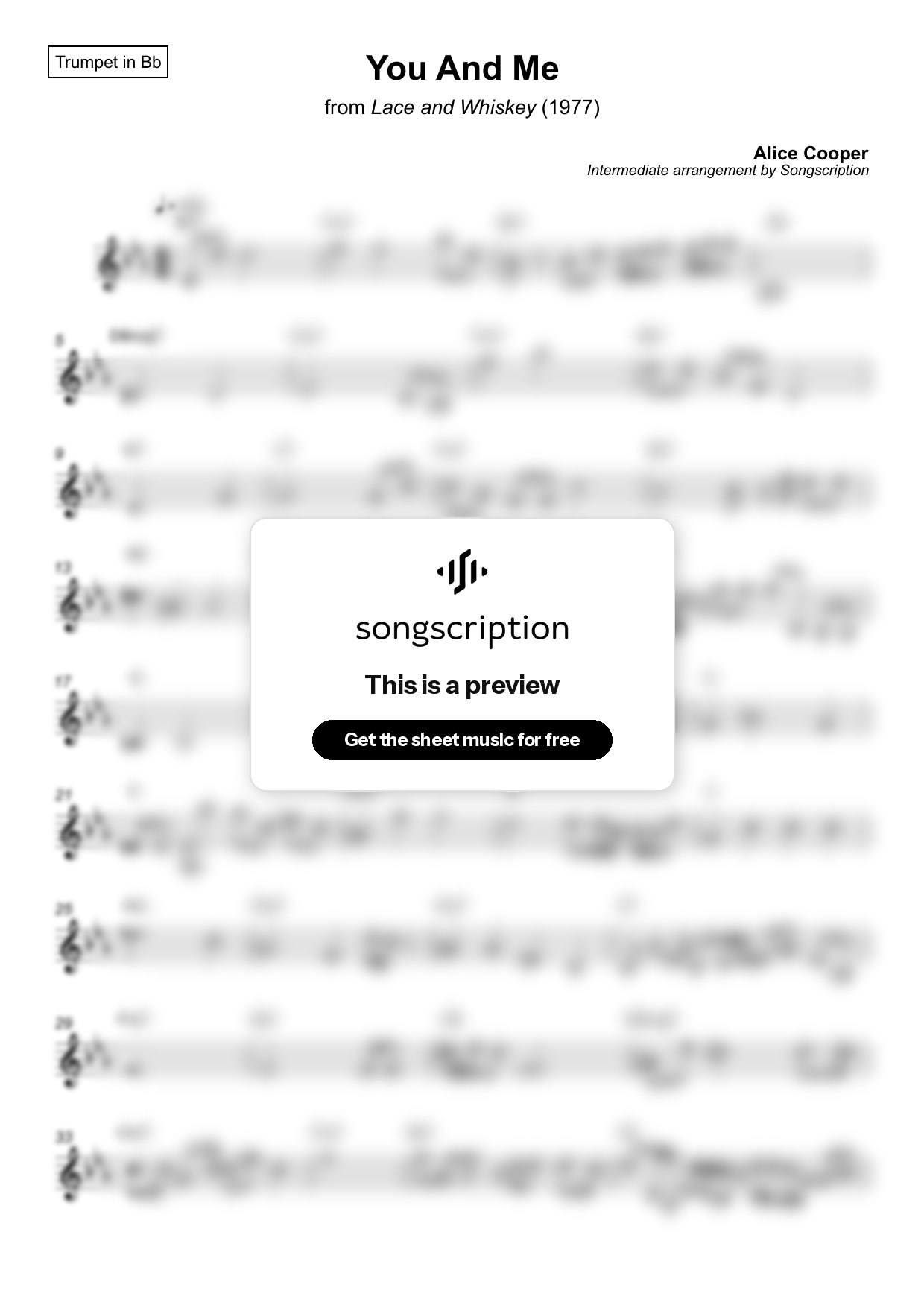 Intermediate Trumpet Sheet Music for "You And Me" by Alice Cooper