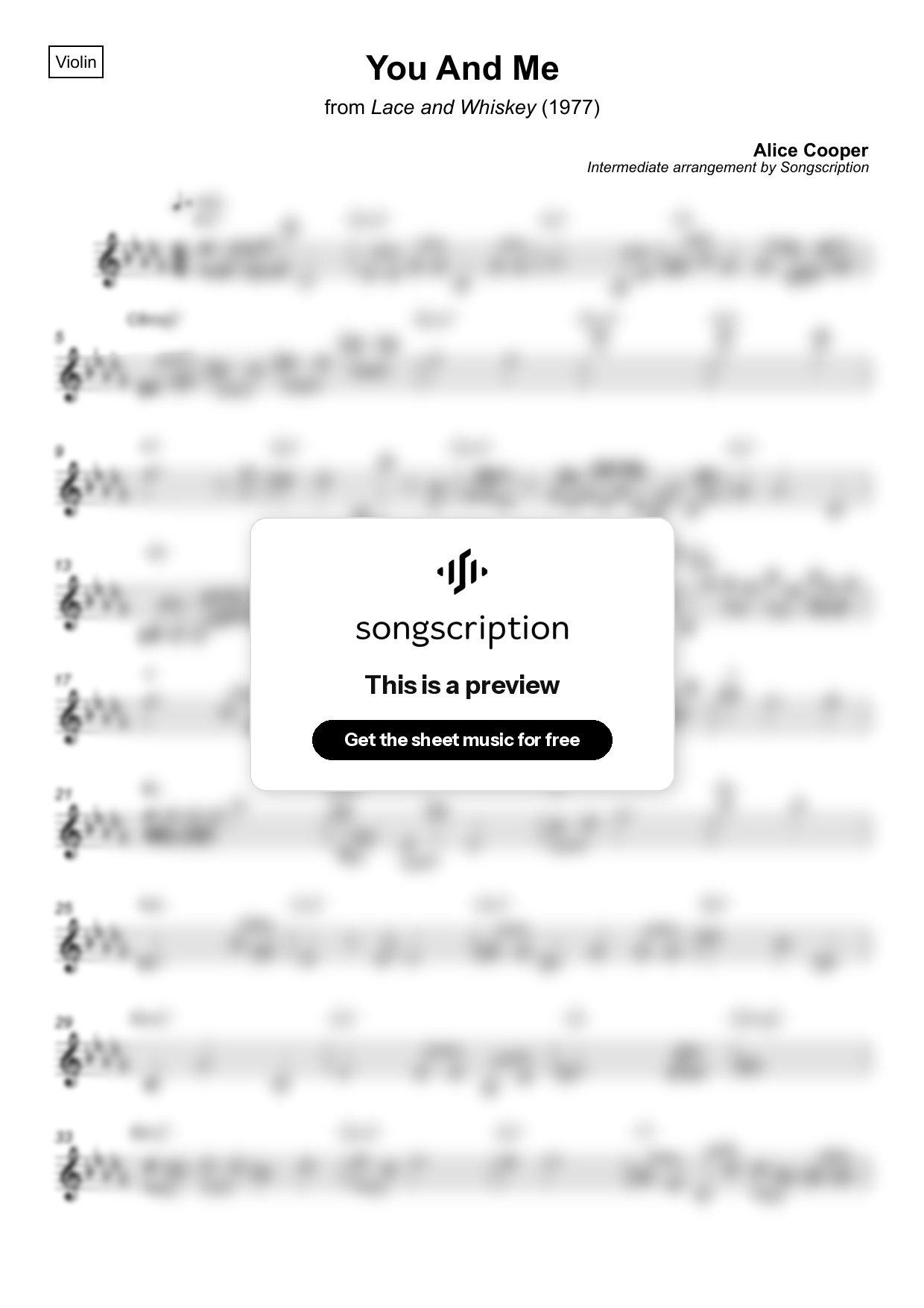 Intermediate Violin Sheet Music for "You And Me" by Alice Cooper