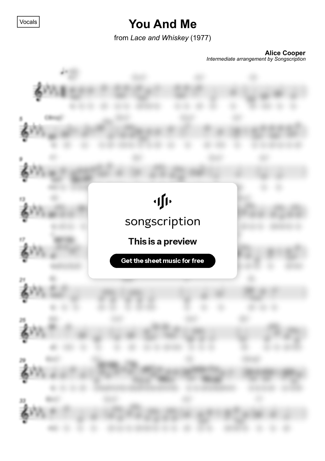 Intermediate Vocals Sheet Music for "You And Me" by Alice Cooper