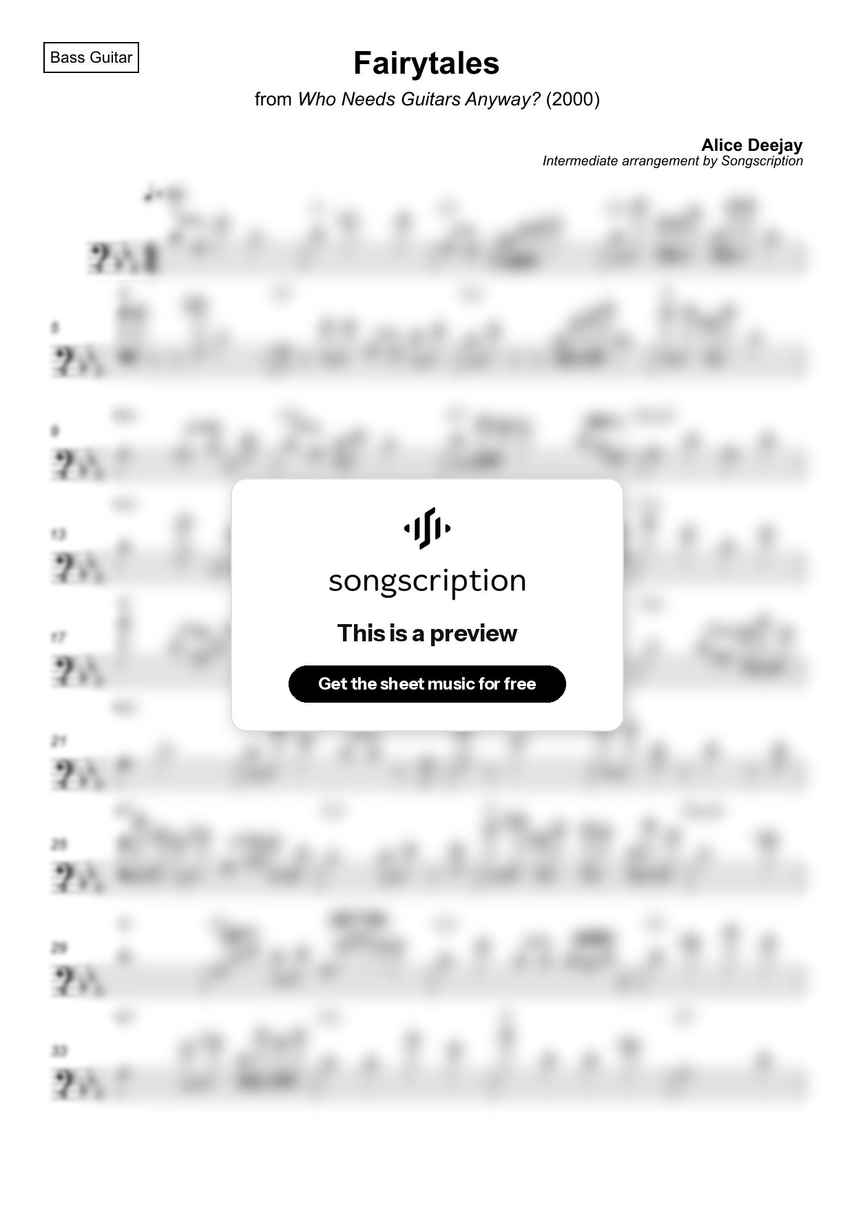 Intermediate Bass Guitar Sheet Music for "Fairytales" by Alice Deejay