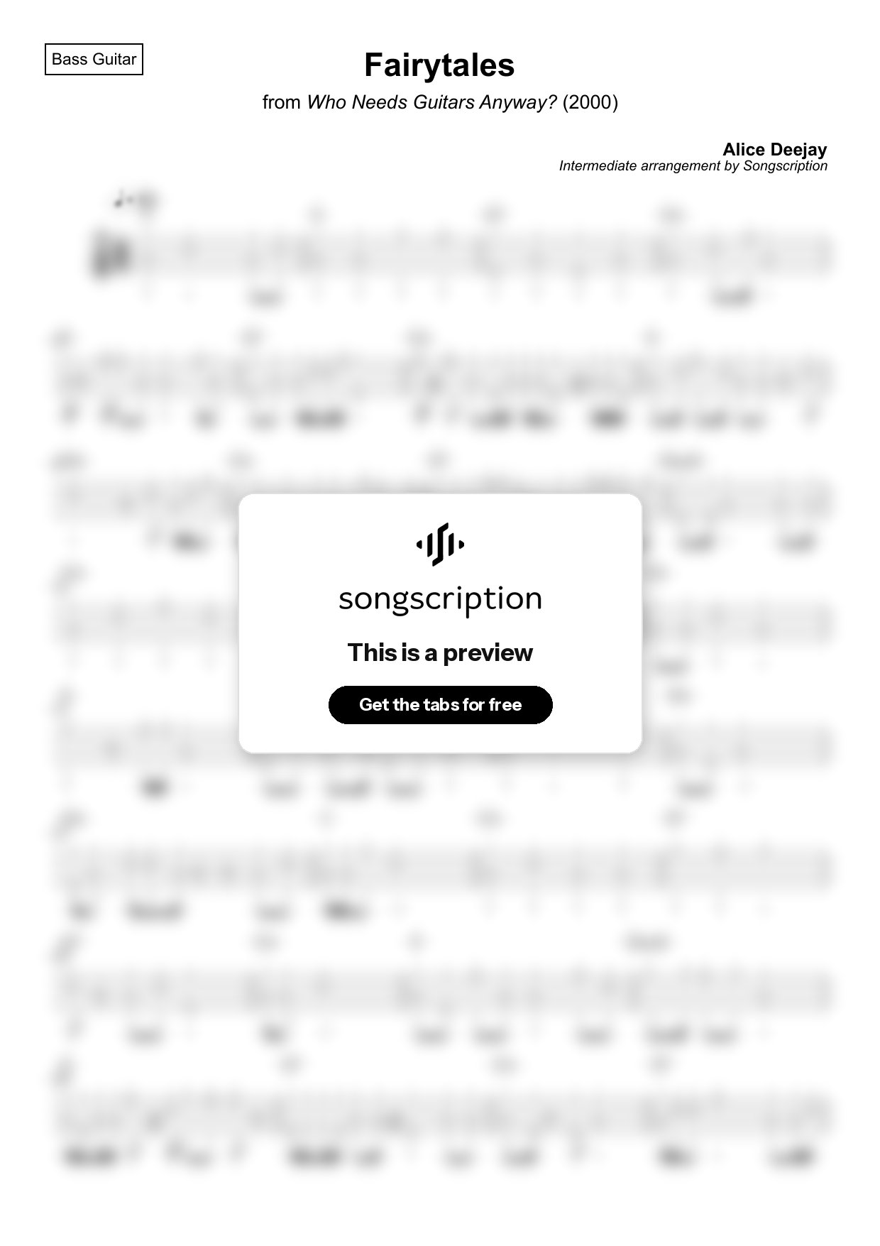 Intermediate Bass Guitar Tabs for "Fairytales" by Alice Deejay