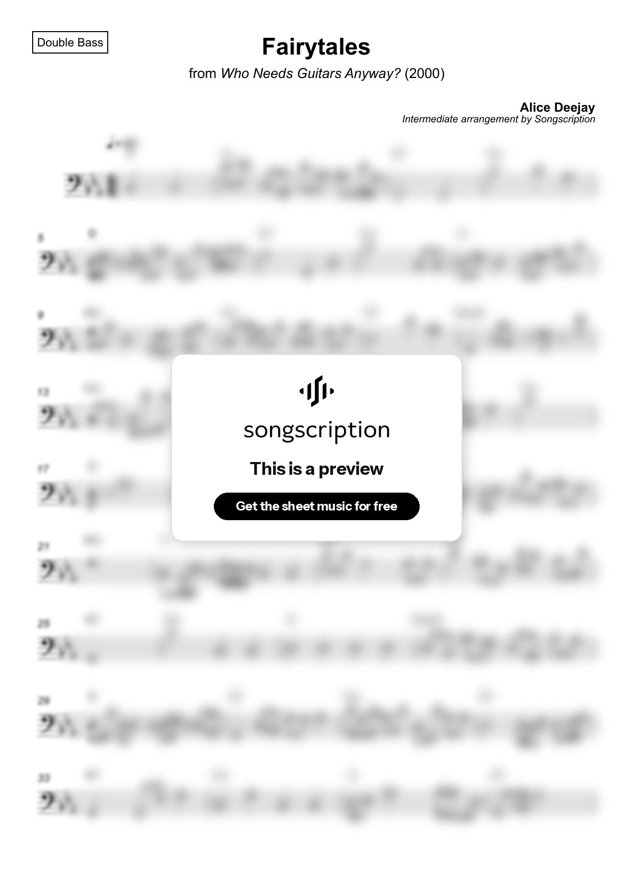 Intermediate Double Bass Sheet Music for "Fairytales" by Alice Deejay