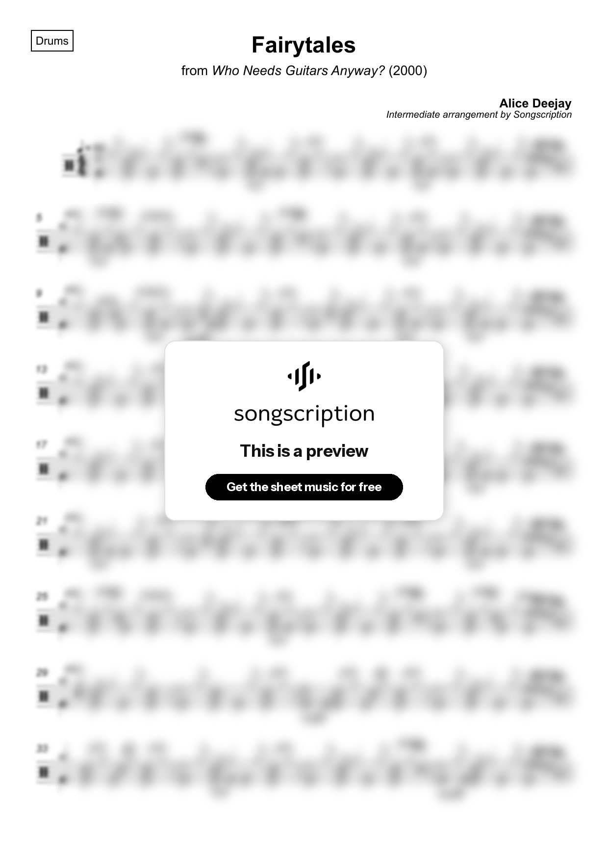 Intermediate Drums Sheet Music for "Fairytales" by Alice Deejay