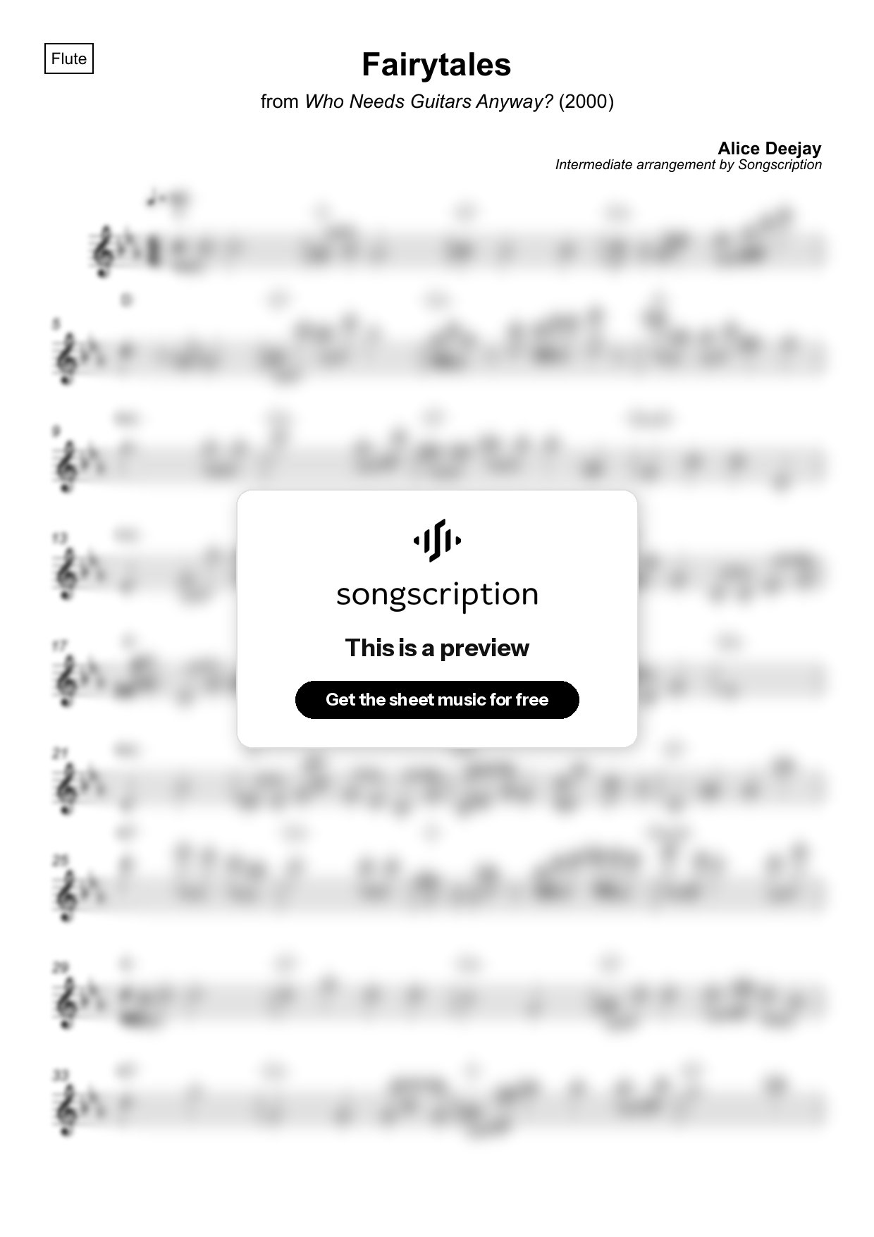 Intermediate Flute Sheet Music for "Fairytales" by Alice Deejay