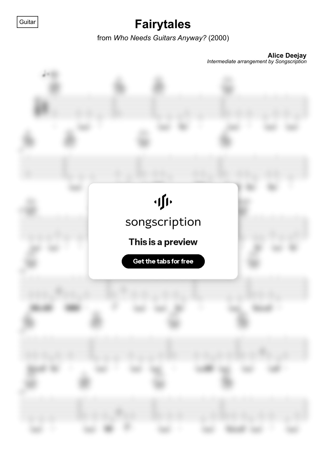 Intermediate Acoustic Guitar Tabs for "Fairytales" by Alice Deejay