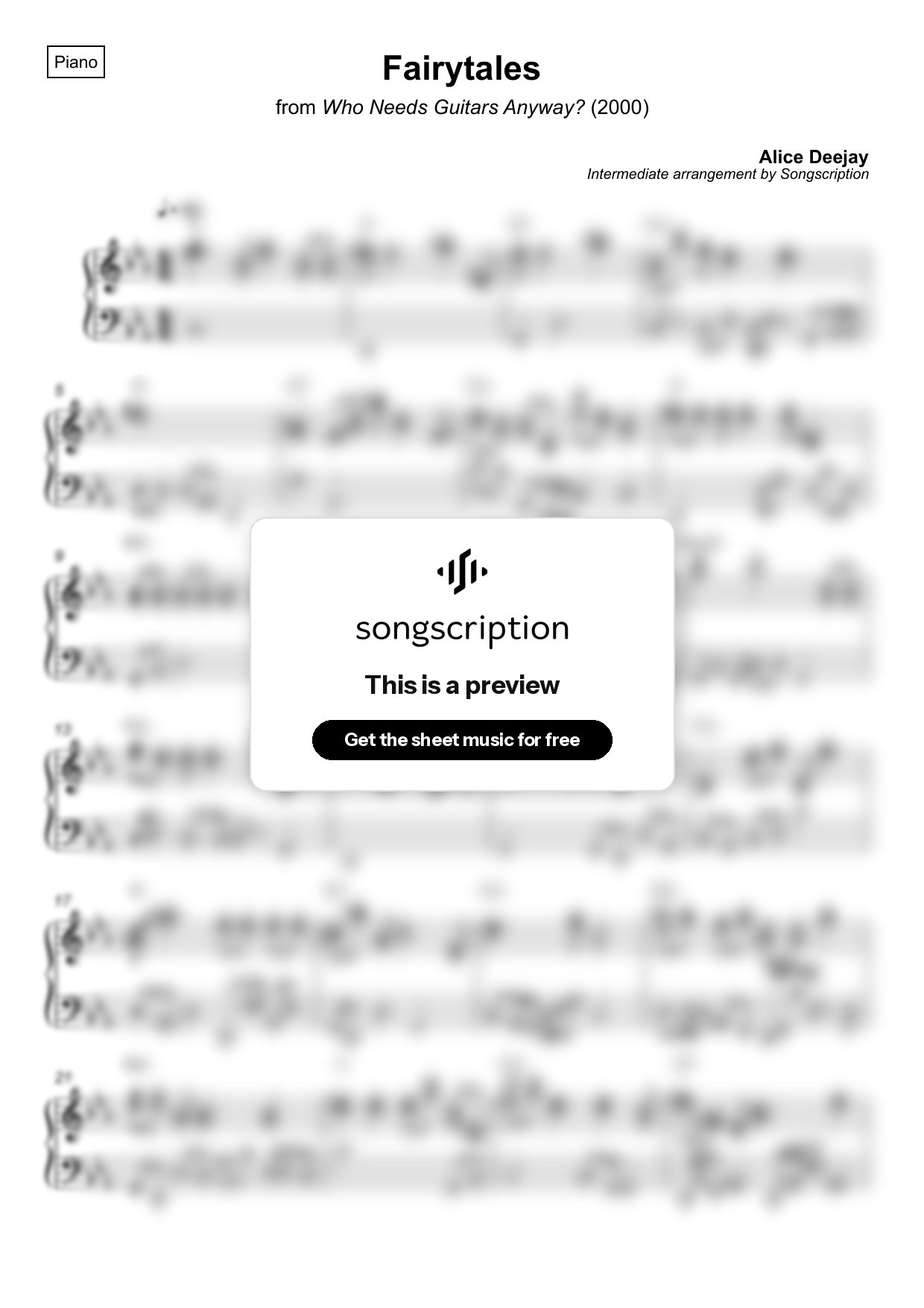 Intermediate Piano Sheet Music for "Fairytales" by Alice Deejay