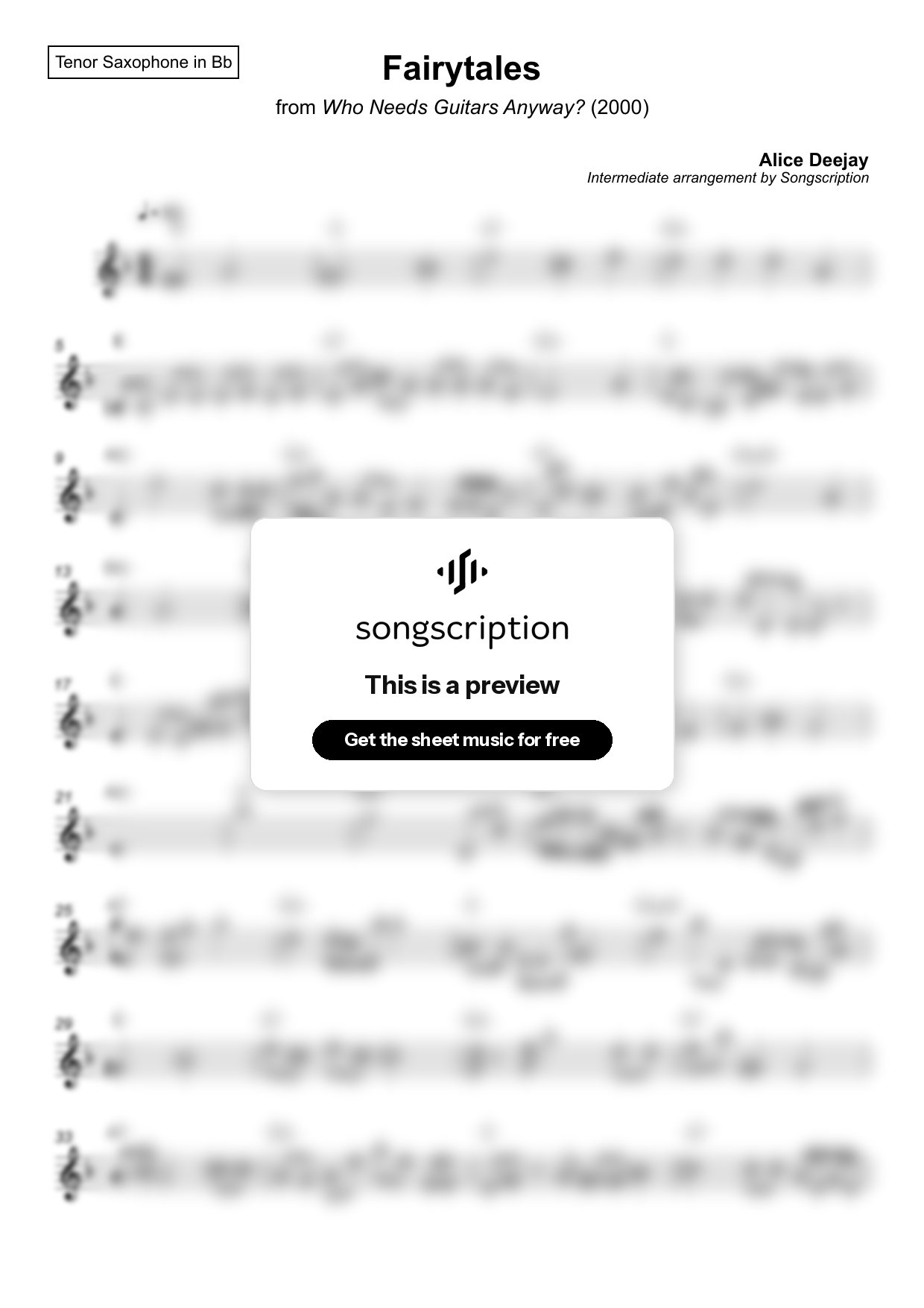 Intermediate Tenor Sax Sheet Music for "Fairytales" by Alice Deejay