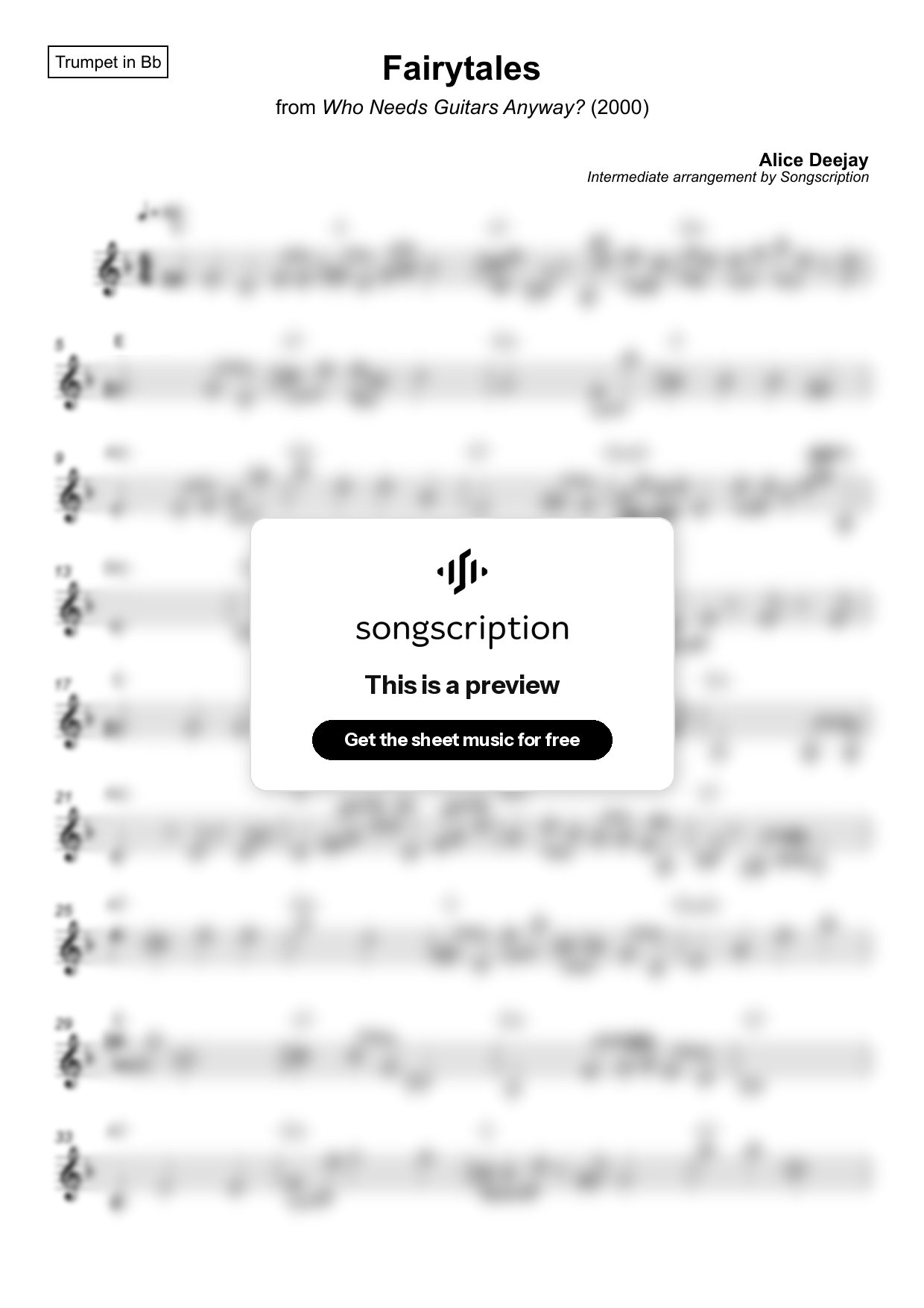 Intermediate Trumpet Sheet Music for "Fairytales" by Alice Deejay