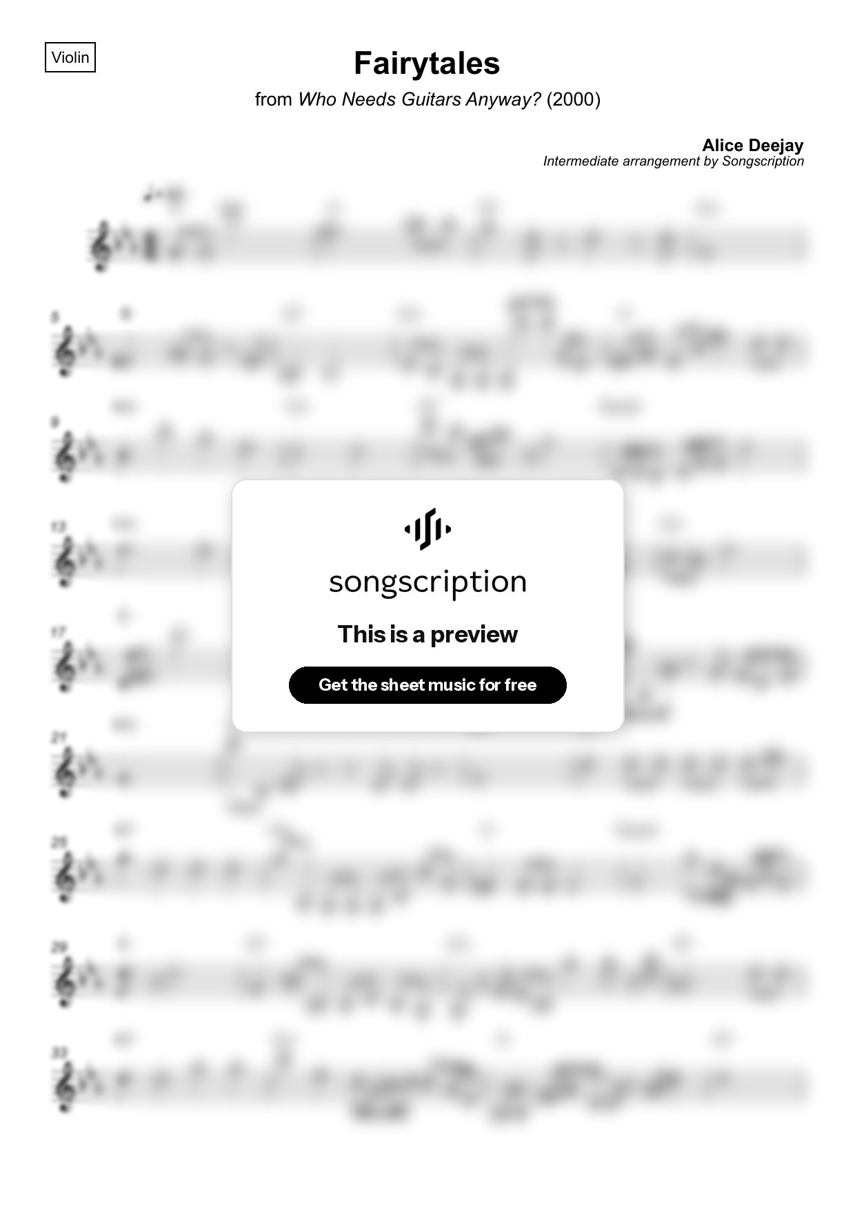 Intermediate Violin Sheet Music for "Fairytales" by Alice Deejay