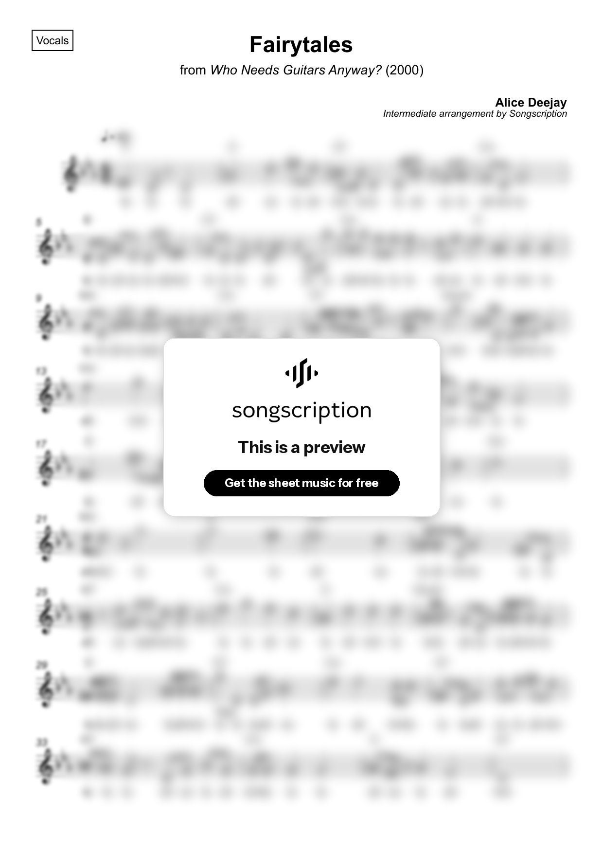 Intermediate Vocals Sheet Music for "Fairytales" by Alice Deejay
