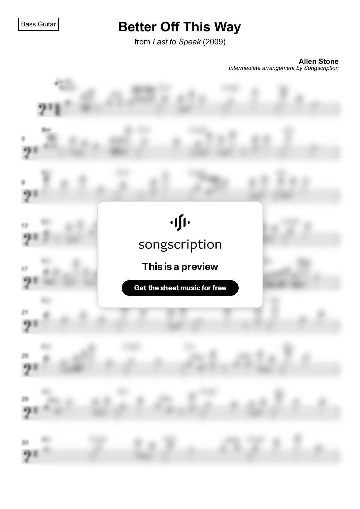 Intermediate Bass Guitar Sheet Music for "Better Off This Way" by Allen Stone