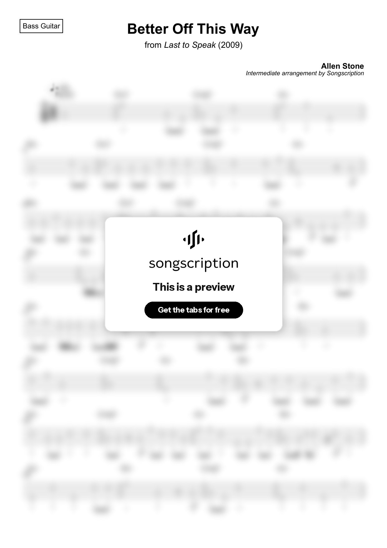 Intermediate Bass Guitar Tabs for "Better Off This Way" by Allen Stone