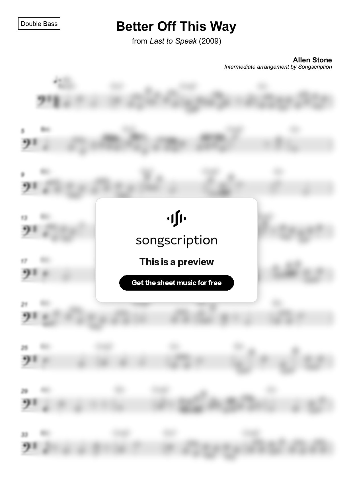 Intermediate Double Bass Sheet Music for "Better Off This Way" by Allen Stone