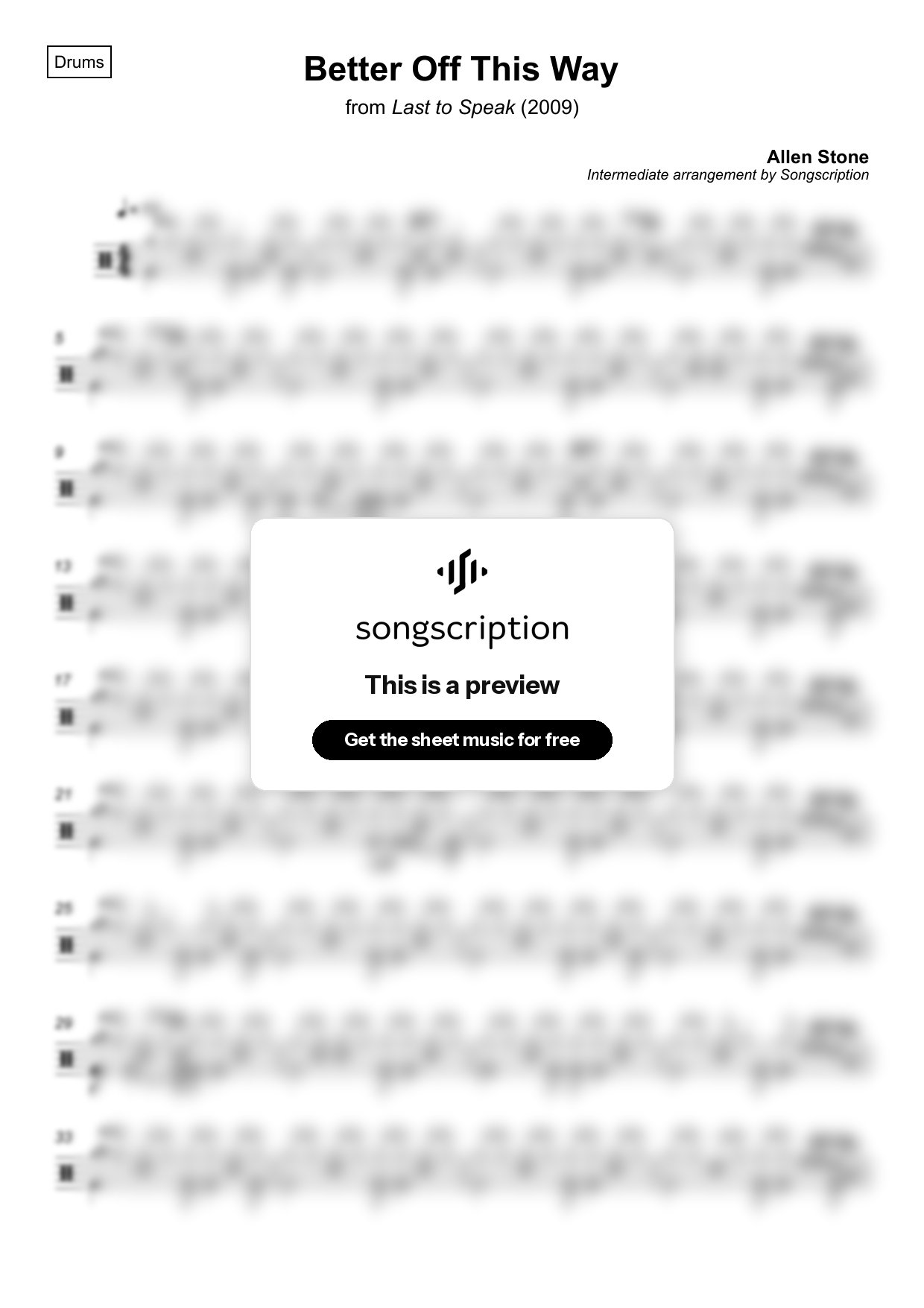 Intermediate Drums Sheet Music for "Better Off This Way" by Allen Stone